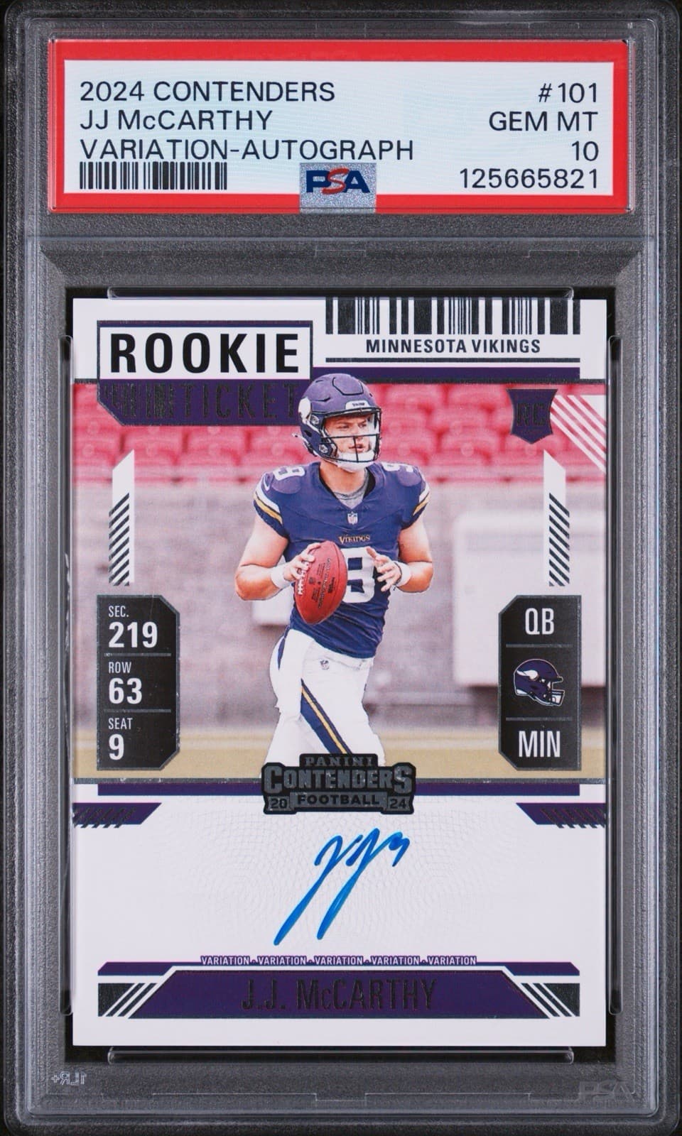 2024 Panini Contenders JJ McCarthy VARIATION Rookie Ticket Auto ON CARD. PSA 10!