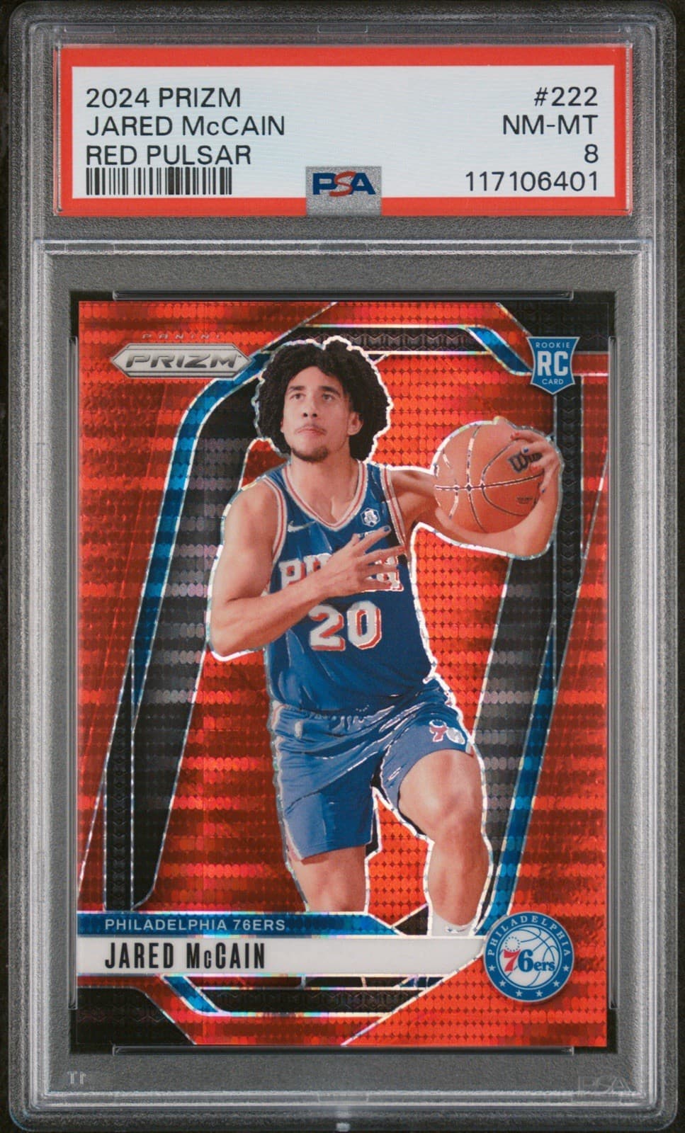 2024-25 Panini Prizm Jared McCain (RC) Red Pulsar Prizm /75. PSA 8 NM - MT