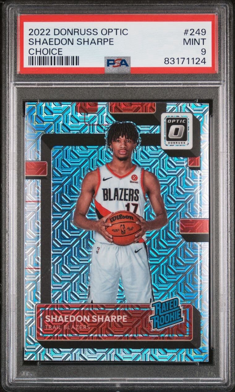 2022 Donruss Optic - Choice Prizm #249 Shaedon Sharpe (RC). PSA 9. Pop 16