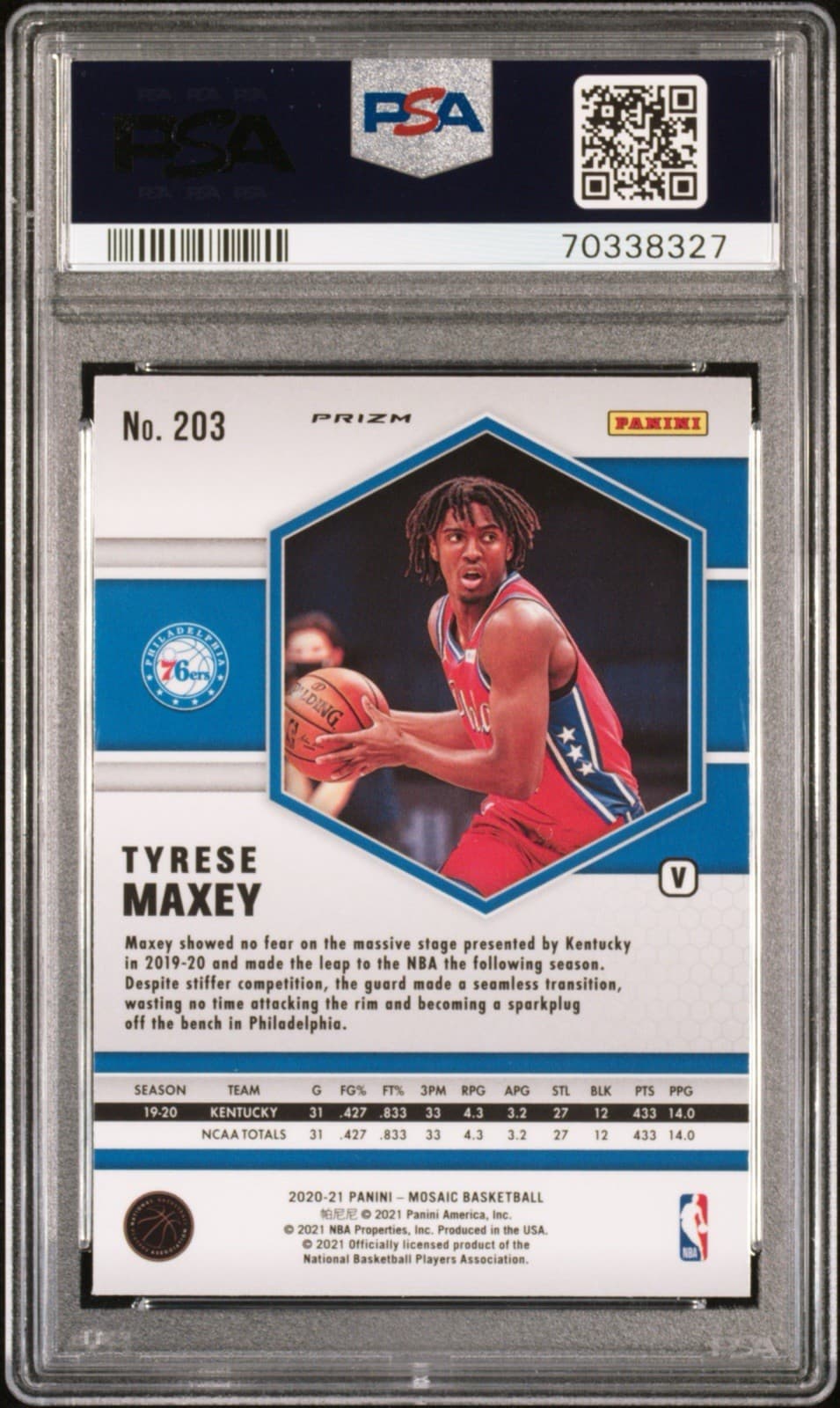 2020 Panini Mosaic Tyrese Maxey (RC) #203 Fast Break Silver Variation. PSA 10