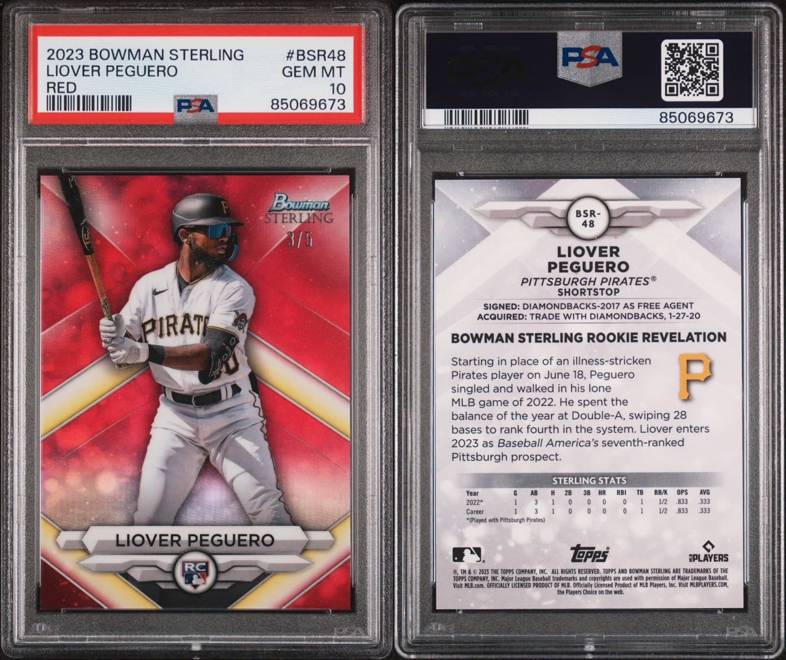 2023 Bowman Sterling Liover Peguero (RC) Red Refractor /5. PSA 10 GEM MT. Pop 2