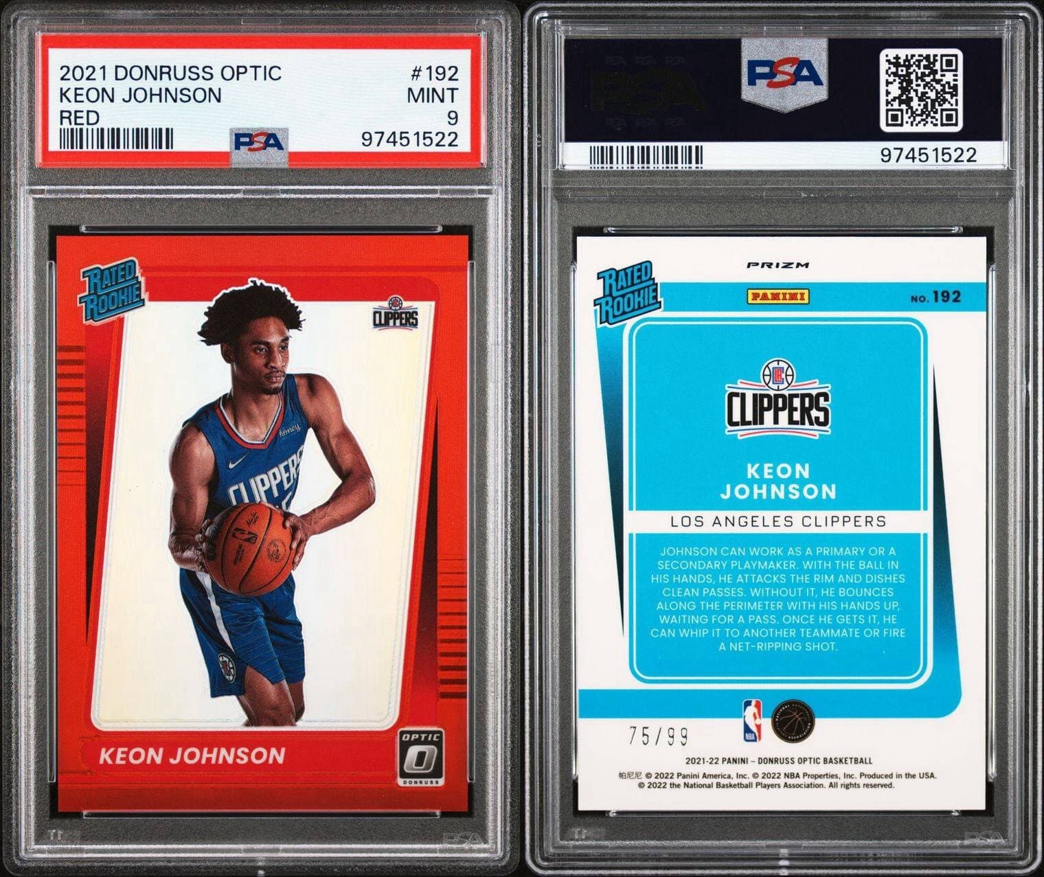 2021 Donruss Optic - Rated Rookie #192 Keon Johnson (RC) /99. PSA 9. Pop 4 