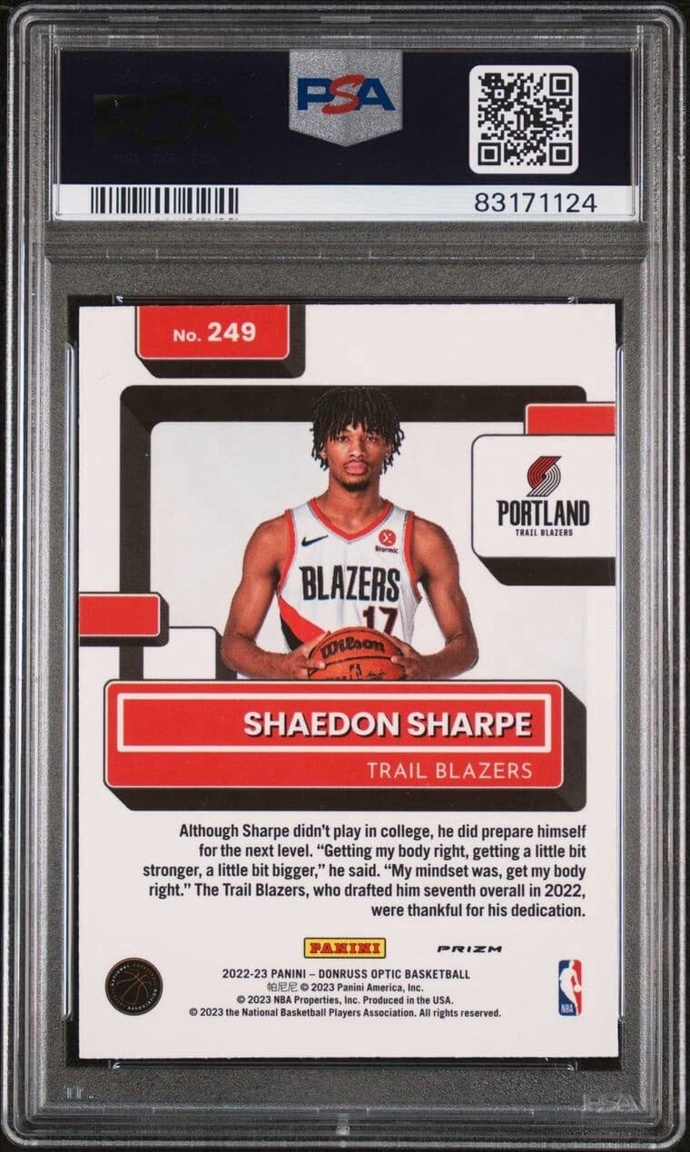 2022 Donruss Optic - Choice Prizm #249 Shaedon Sharpe (RC). PSA 9. Pop 16