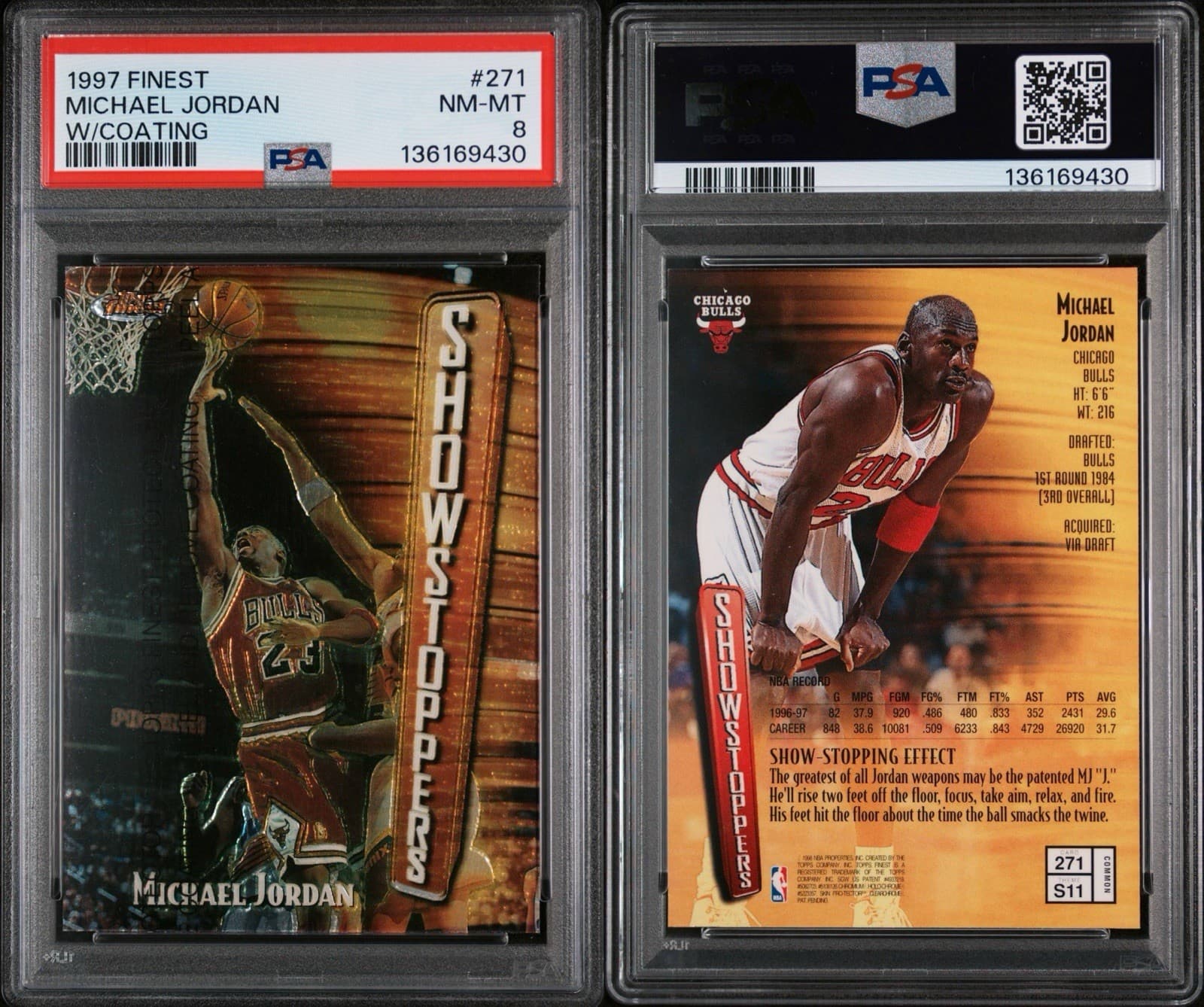 1997 Topps Finest Michael Jordan #271 w/Coating. PSA 8 NM-MT