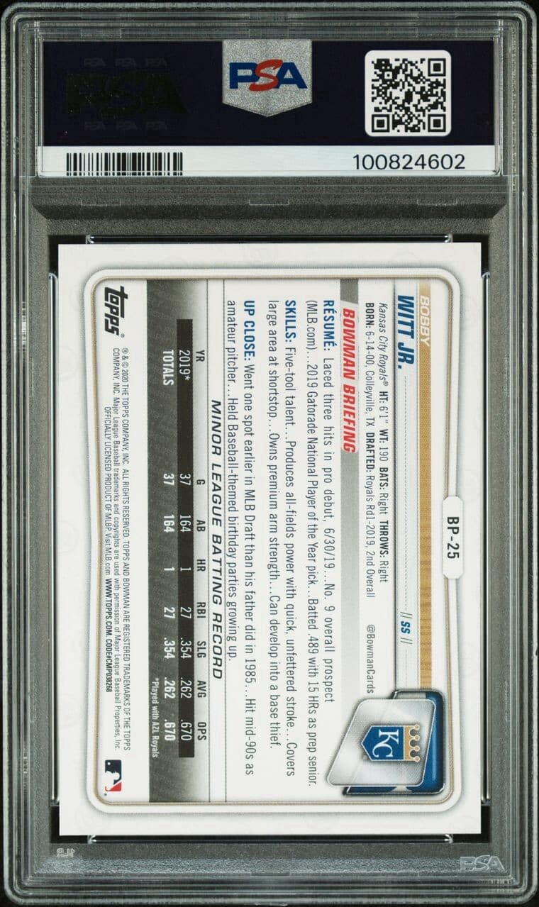 2020 Bowman Bobby Witt Jr 1st Paper Prospects #BP25 PSA 10 GEM MT