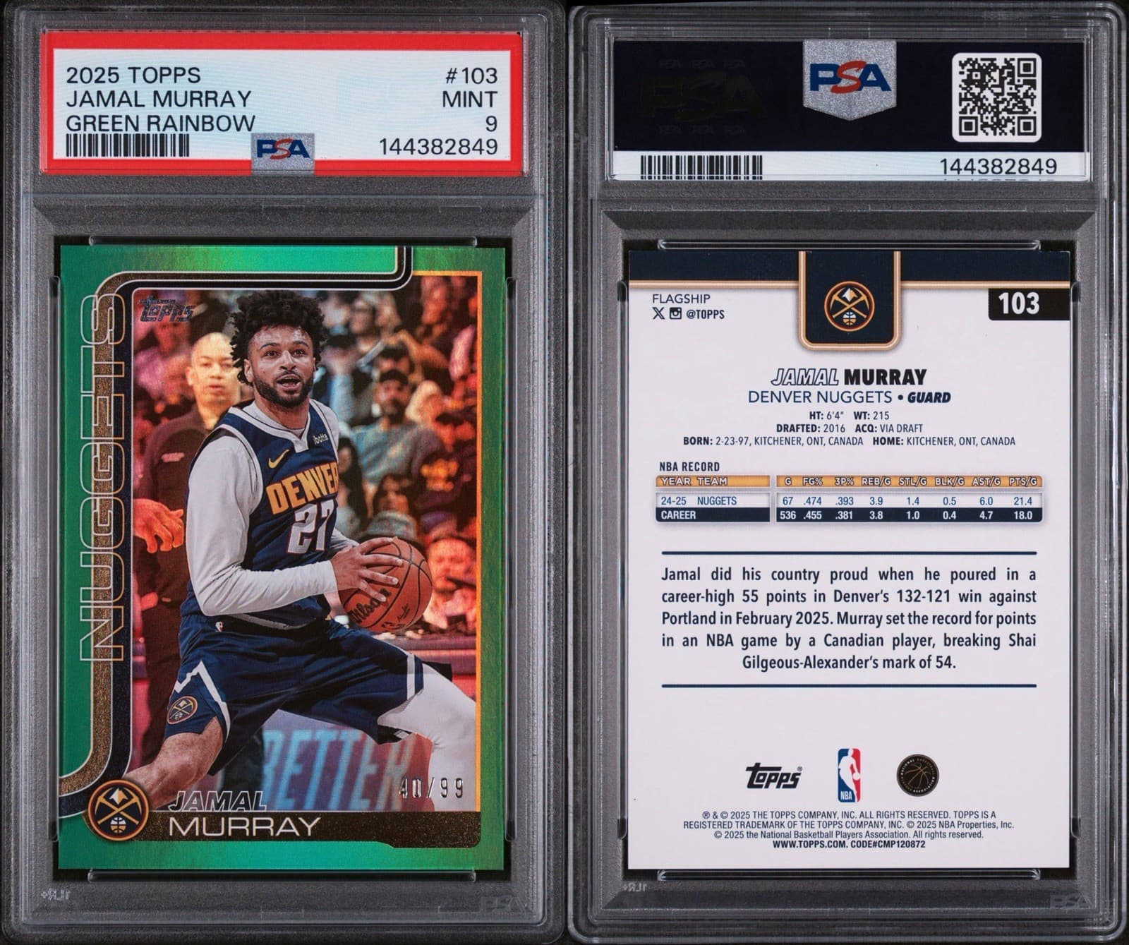 2025-26 Topps - Jamal Murray #103 Green Rainbow /99. PSA 9 MINT