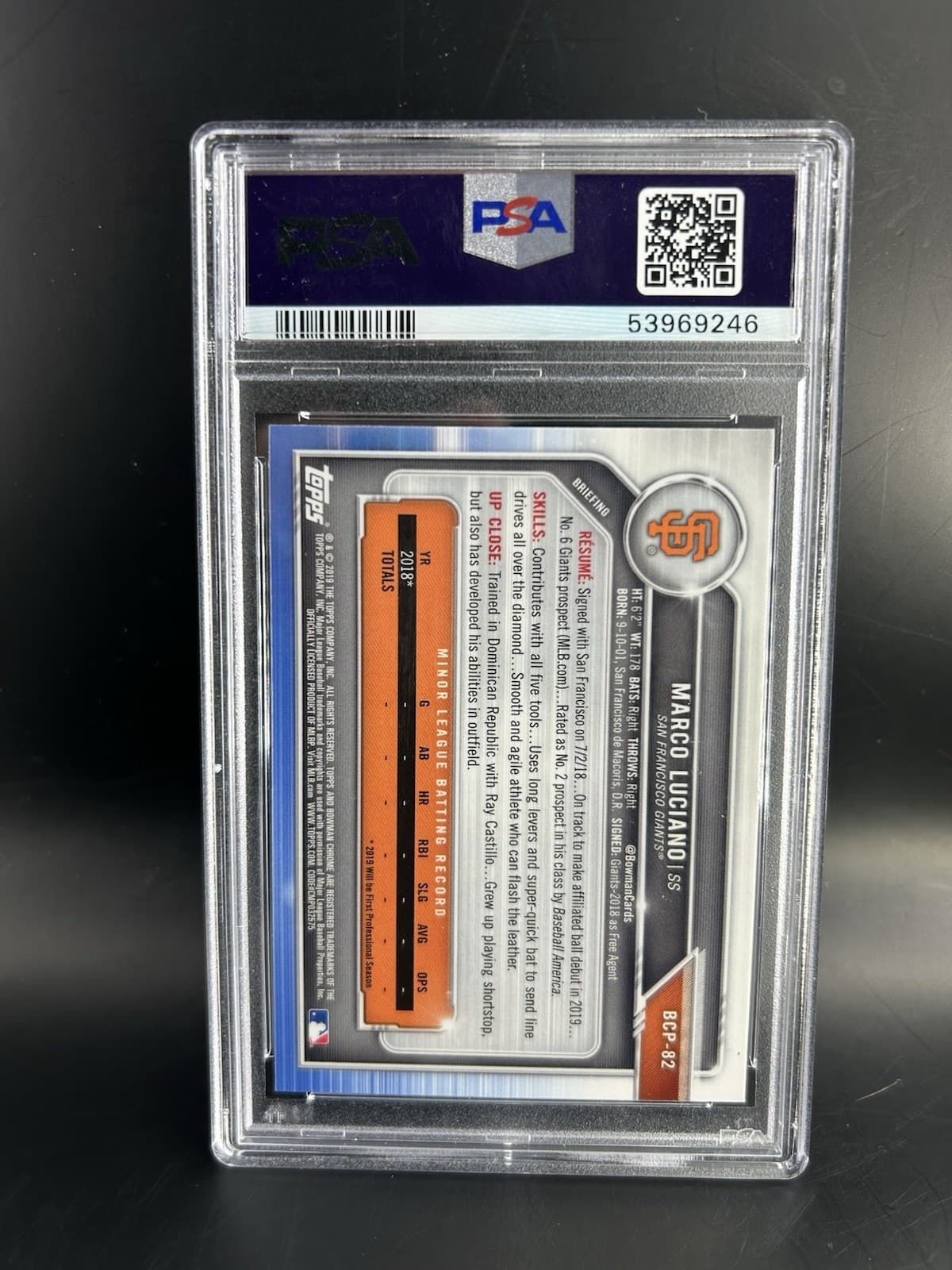 2019 Bowman - Chrome Prospects Marco Luciano #BCP-82 (RC) 1st Bowman. PSA 10!