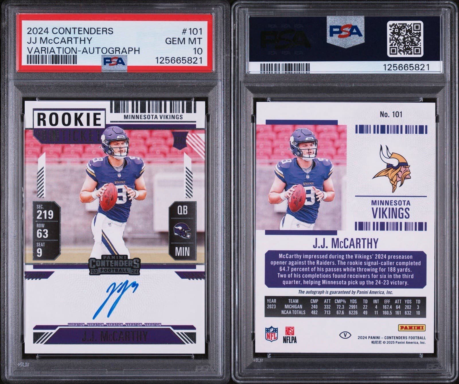 2024 Panini Contenders JJ McCarthy VARIATION Rookie Ticket Auto ON CARD. PSA 10! thumbnail 3