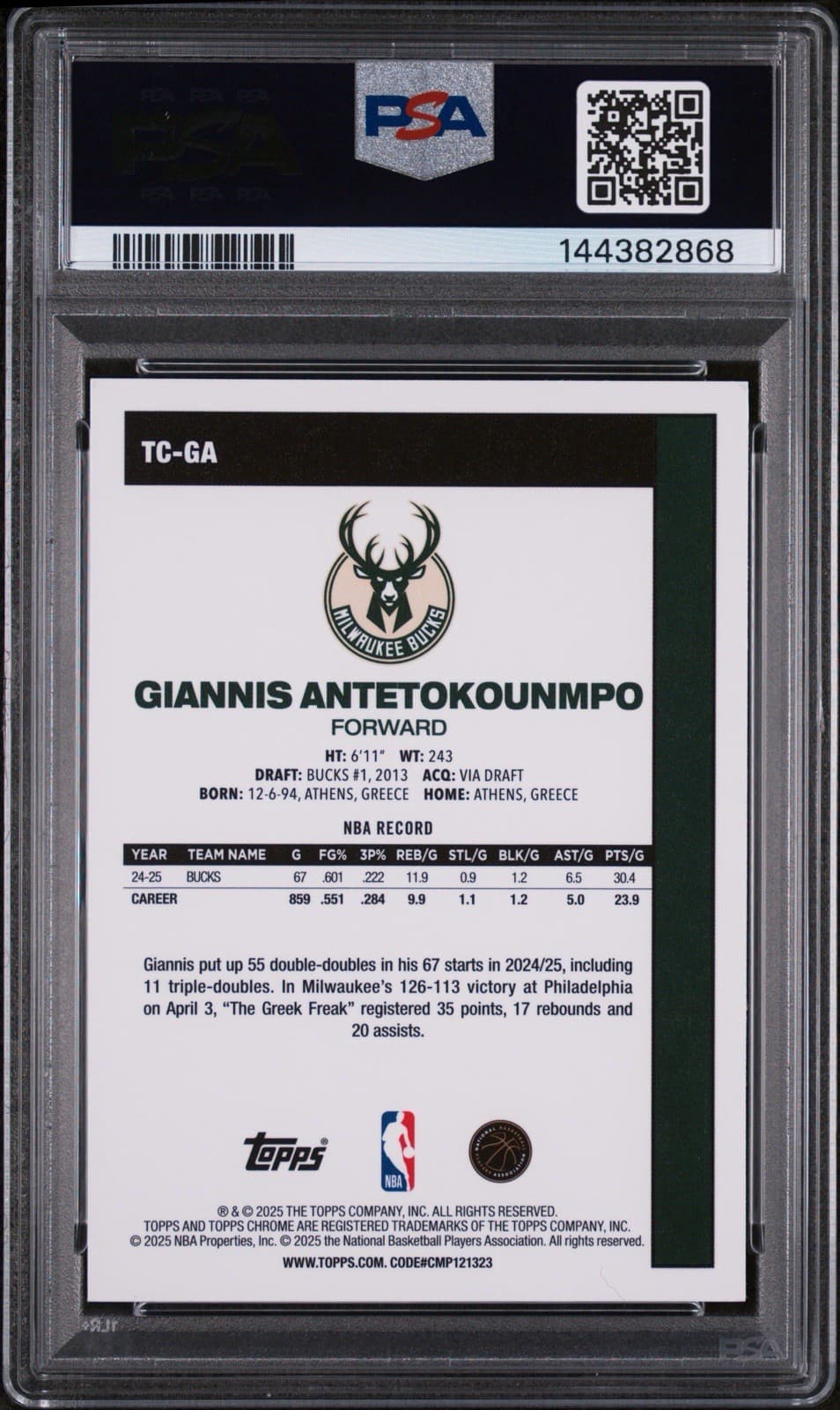 2025 Topps Silver Pack Topps Chrome- Giannis Antetokounmpo Aqua /199. PSA 9 MINT