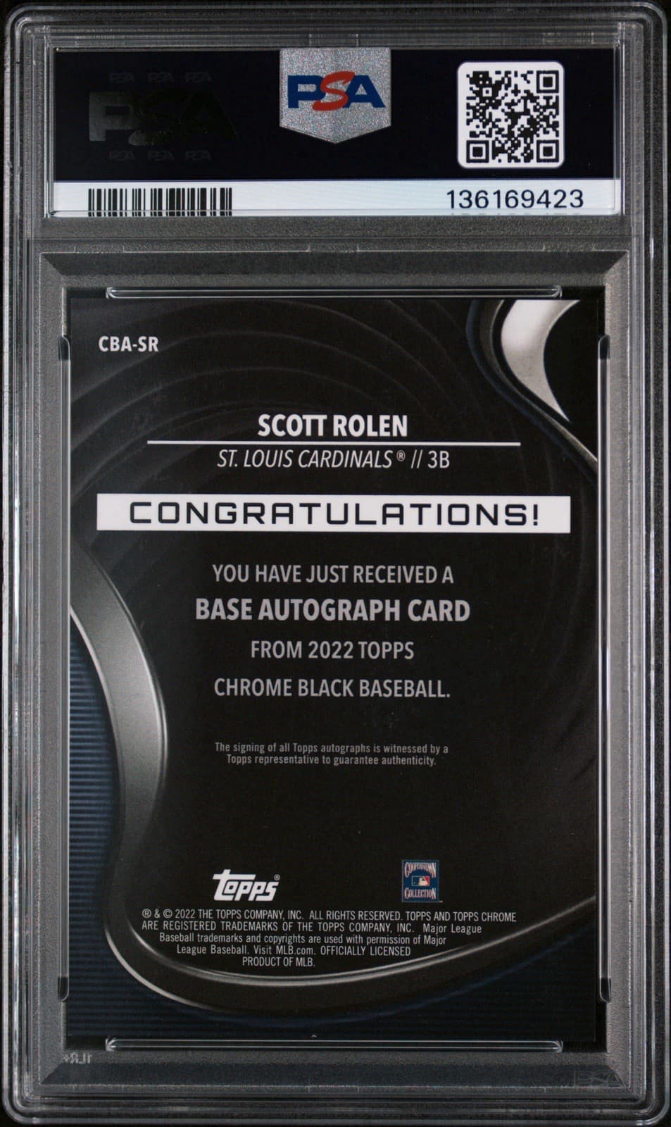 2022 Topps Chrome Black #CBA-SR Scott Rolen Autograph. PSA 10 GEM MINT. Low Pop!