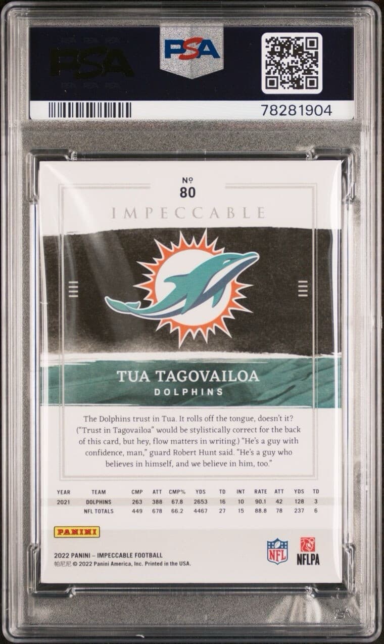 2022 Impeccable Tua Tagovailoa Ruby 1/8 (Jersey #). PSA 9. Pop 1.