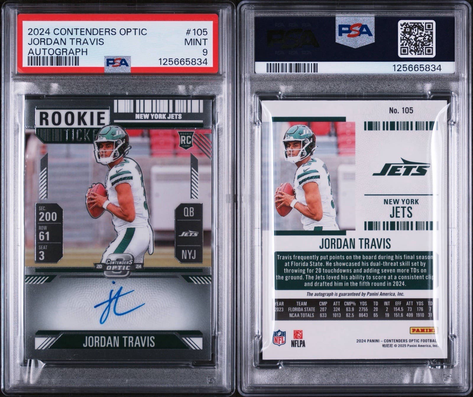 2024 Contenders Optic JORDAN TRAVIS RC Rookie Ticket Autograph (on card). PSA 9