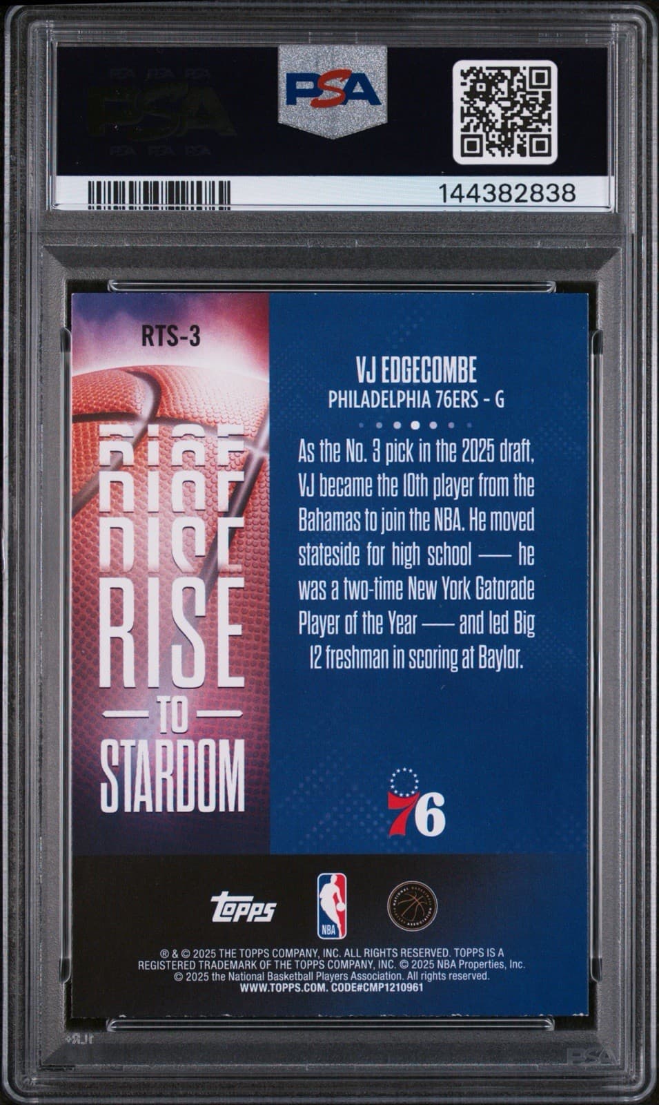 2025 Topps - Rise to Stardom VJ Edgecombe (RC) #RTS-3 Green Rainbow /99. PSA 8