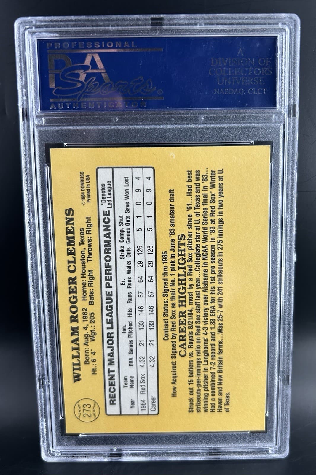 1985 Donruss #273 Roger Clemens (RC). PSA 6 EX - MT