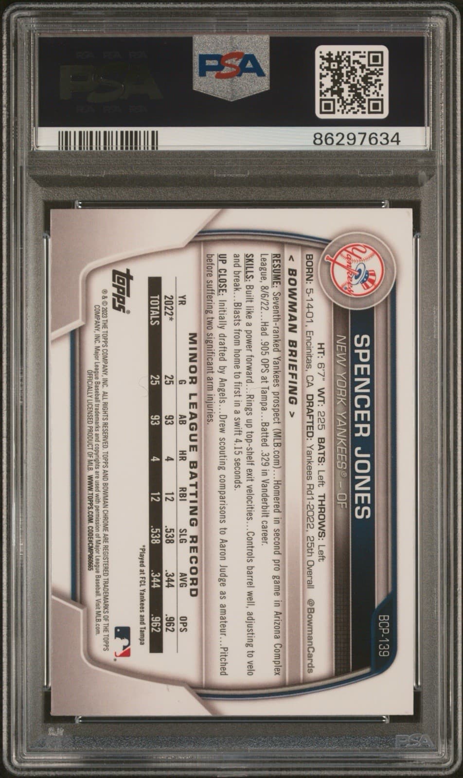 2023 Bowman - Chrome Prospects Spencer Jones #BCP-139 (RC). PSA 9 MINT