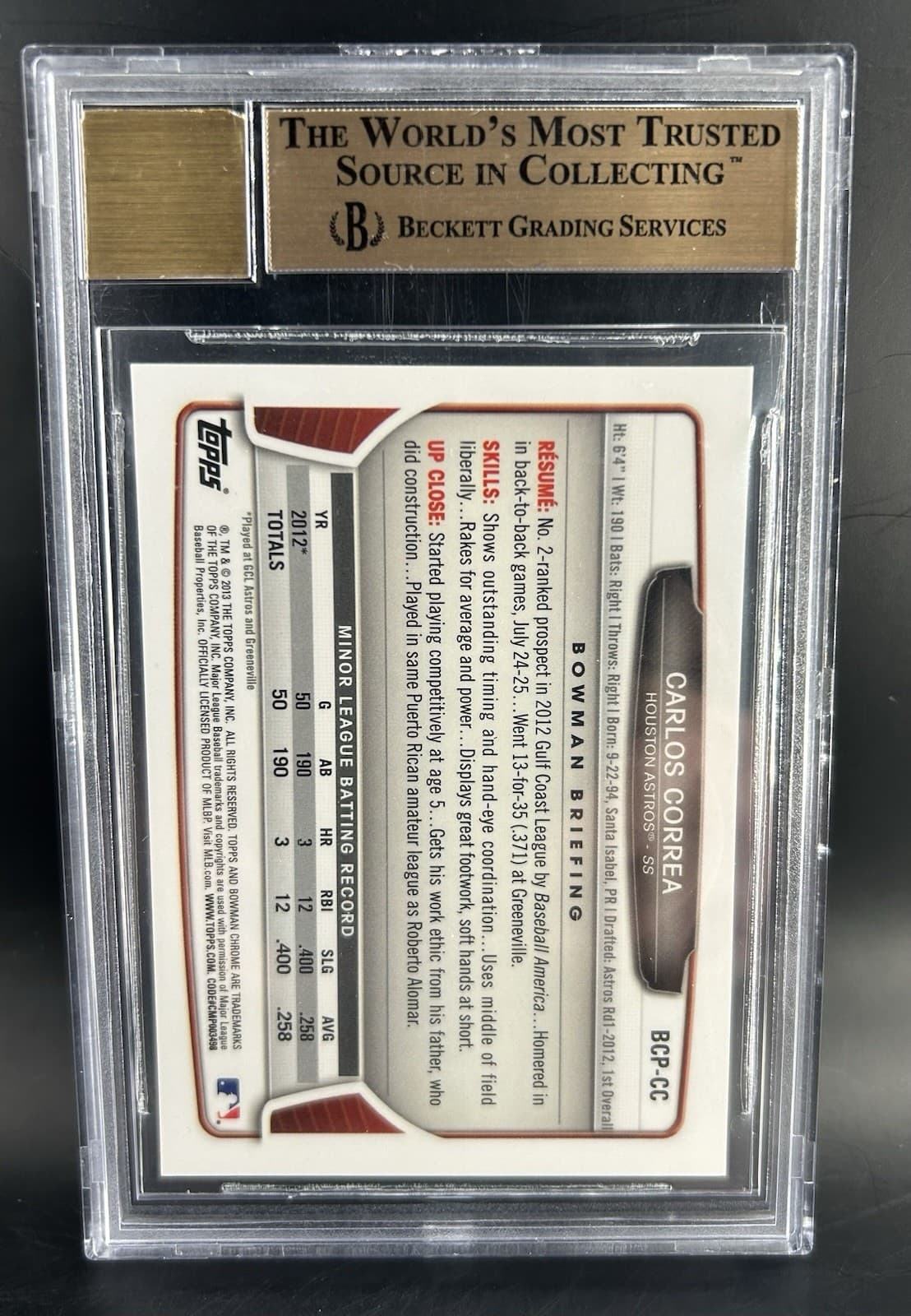 2013 Bowman Chrome Prospects Autographs - Carlos Correa (RC) #BCP-CC. BGS 9.5/10