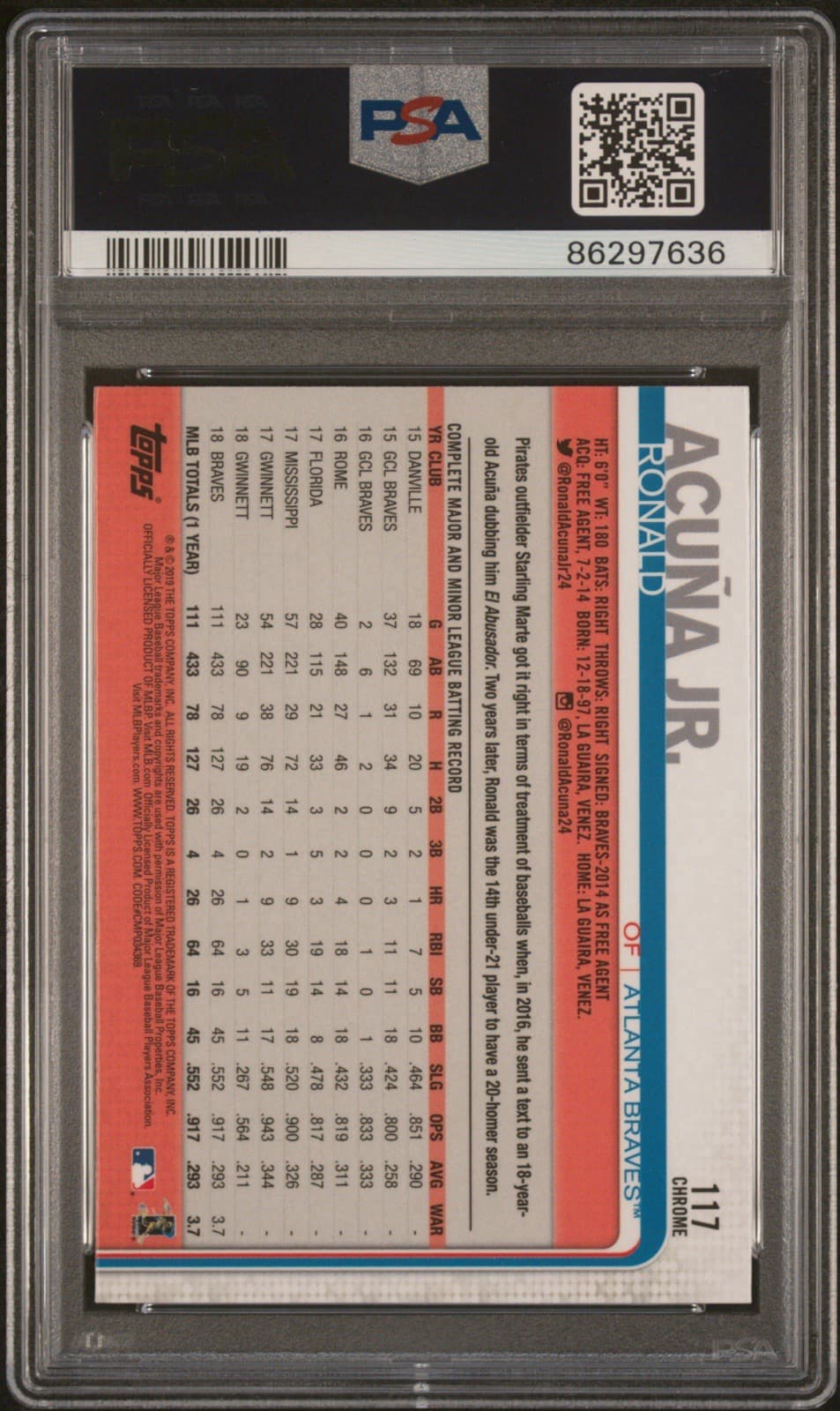 2019 Topps Chrome - Ronald Acuña Jr. #117 Batting. Rookie Cup. PSA 10!