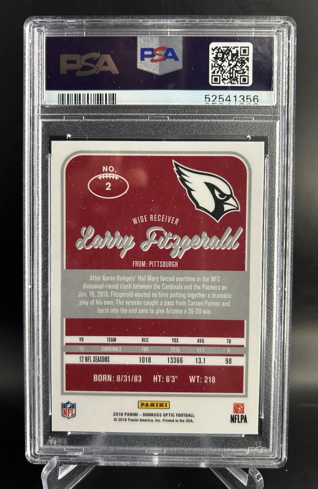 2016 Panini Donruss Optic - Larry Fitzgerald Holo Refractor. PSA 9 Mint thumbnail 2