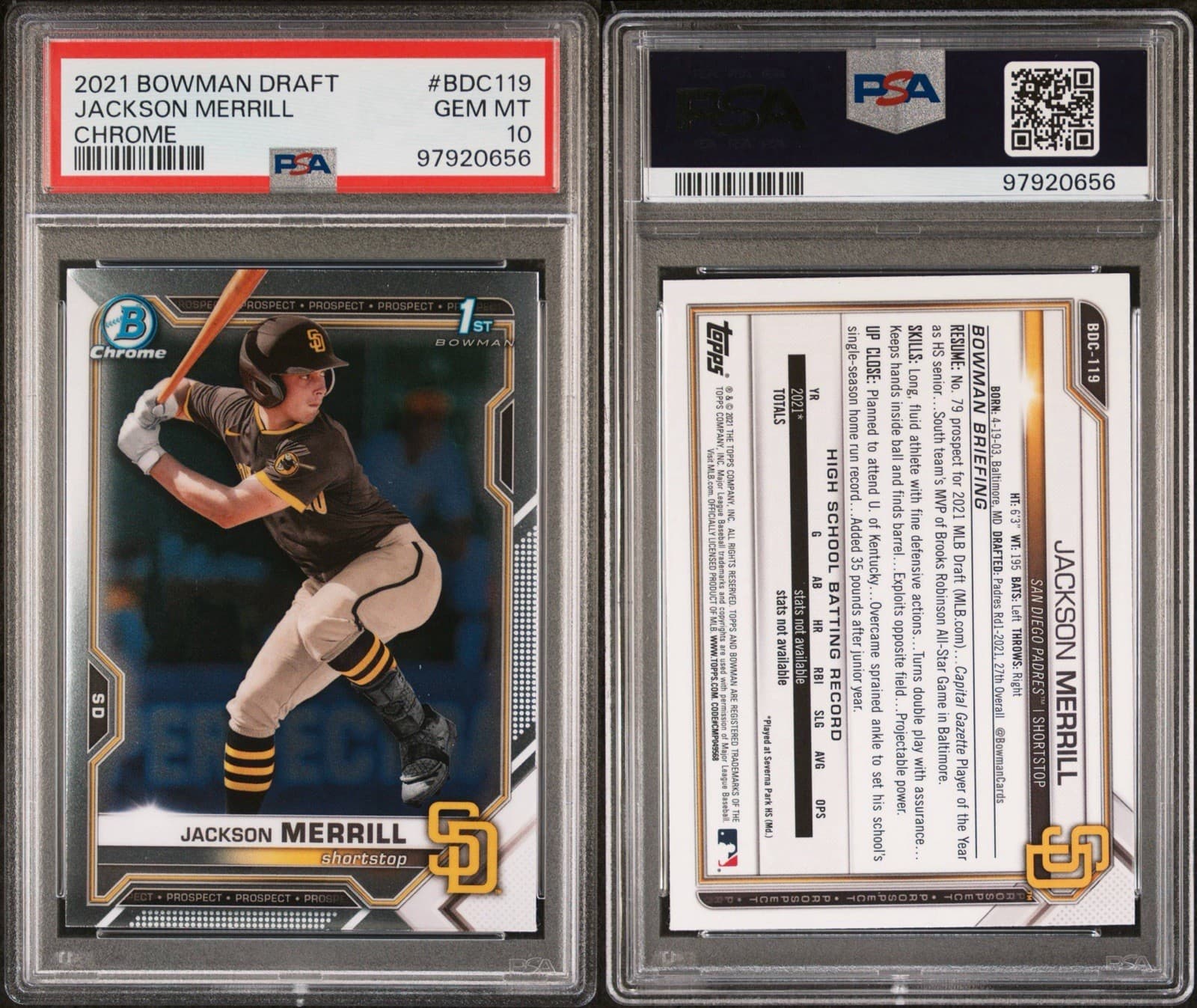 2021 Bowman Draft JACKSON MERRILL Chrome (RC) 1st Bowman. PSA 10 GEM MINT