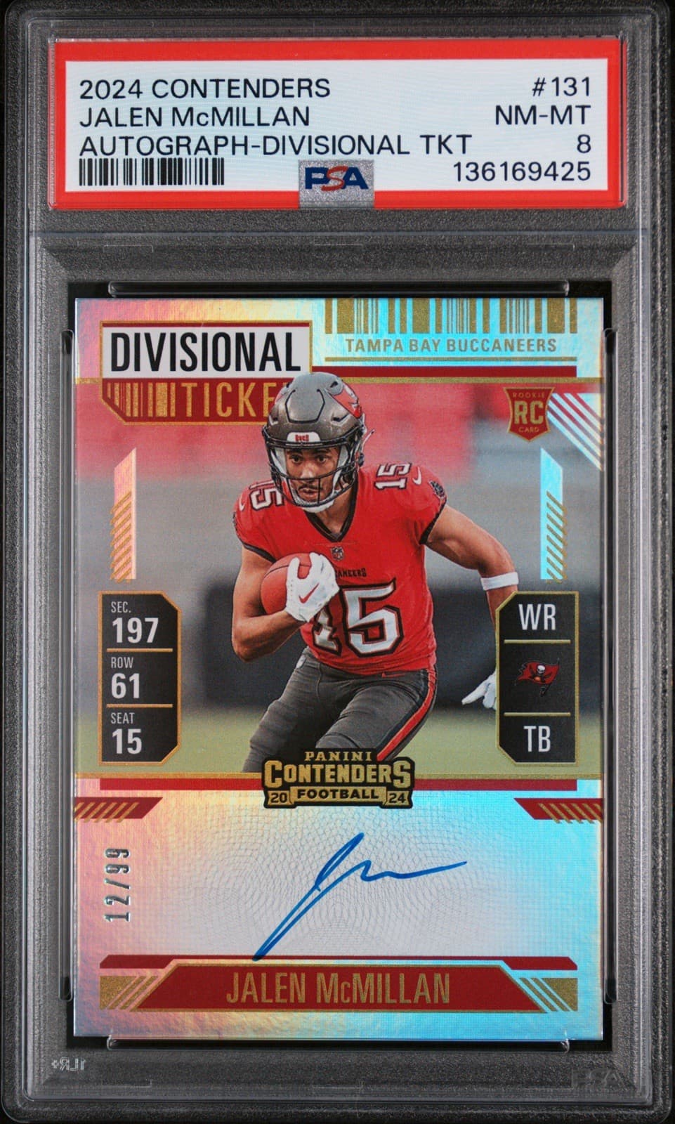 2024 Contenders Jalen McMillan (RC) #131 Autograph Divisional Ticket /99. PSA 8.