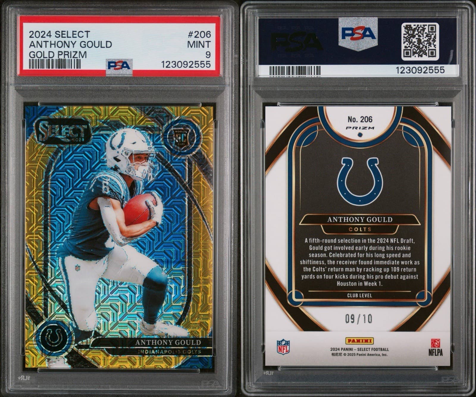 2024 Panini Select - Anthony Gould (RC) Club Level Gold Prizm #/10. PSA 9 Mint