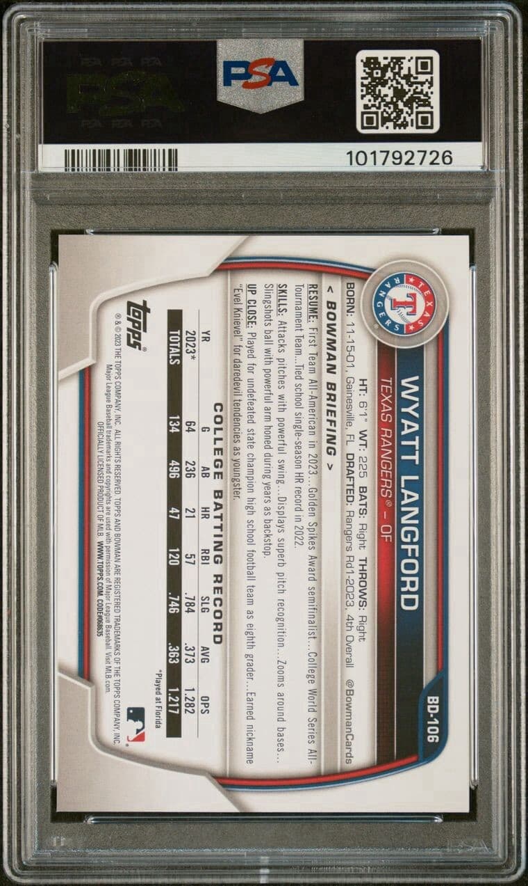 2023 Bowman Draft - #BD-106 Wyatt Langford (RC). PSA 9.