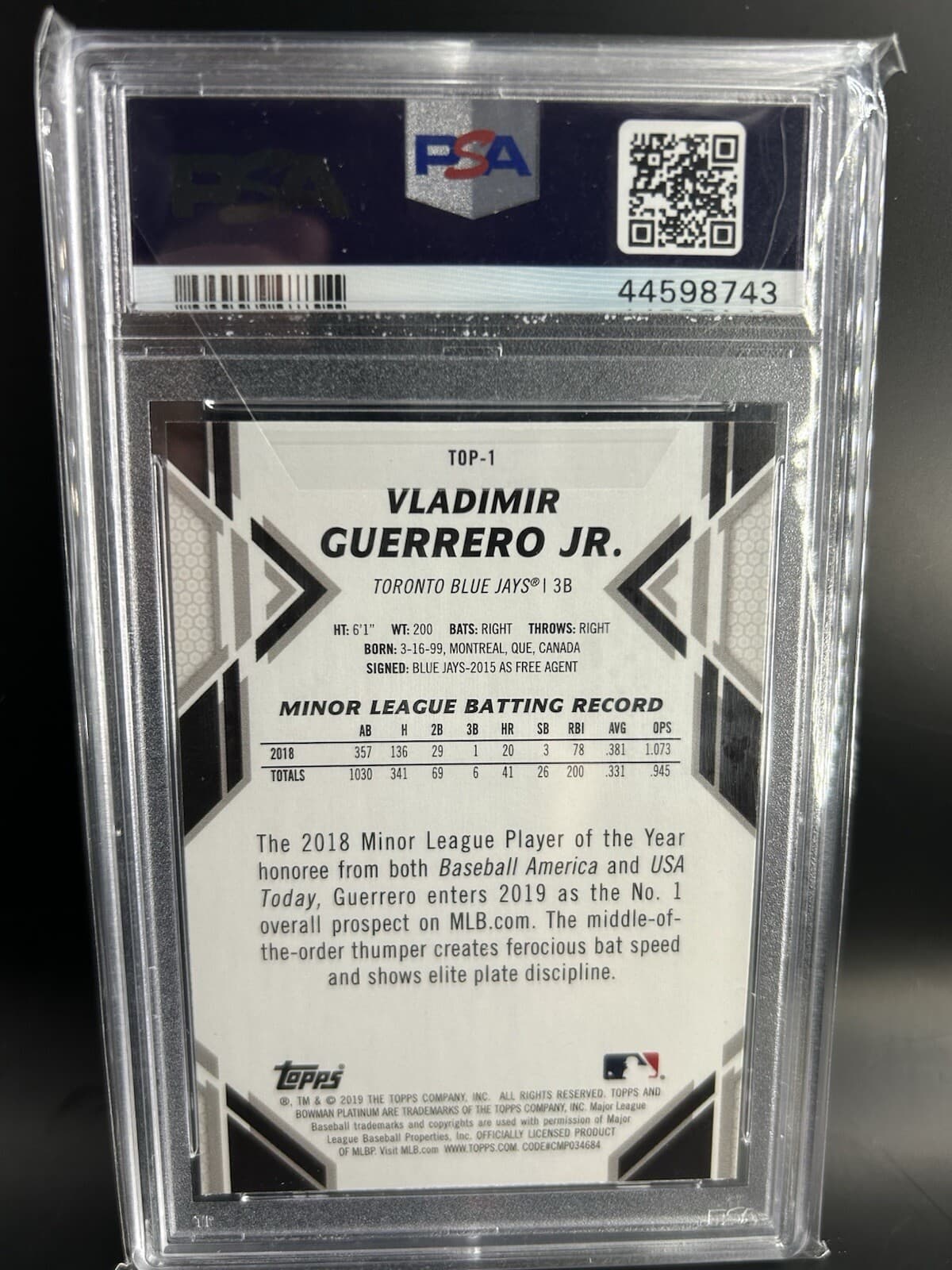 2019 Bowman Platinum - Top Prospects #TOP-1 Vladimir Guerrero Jr. (RC). PSA 10.