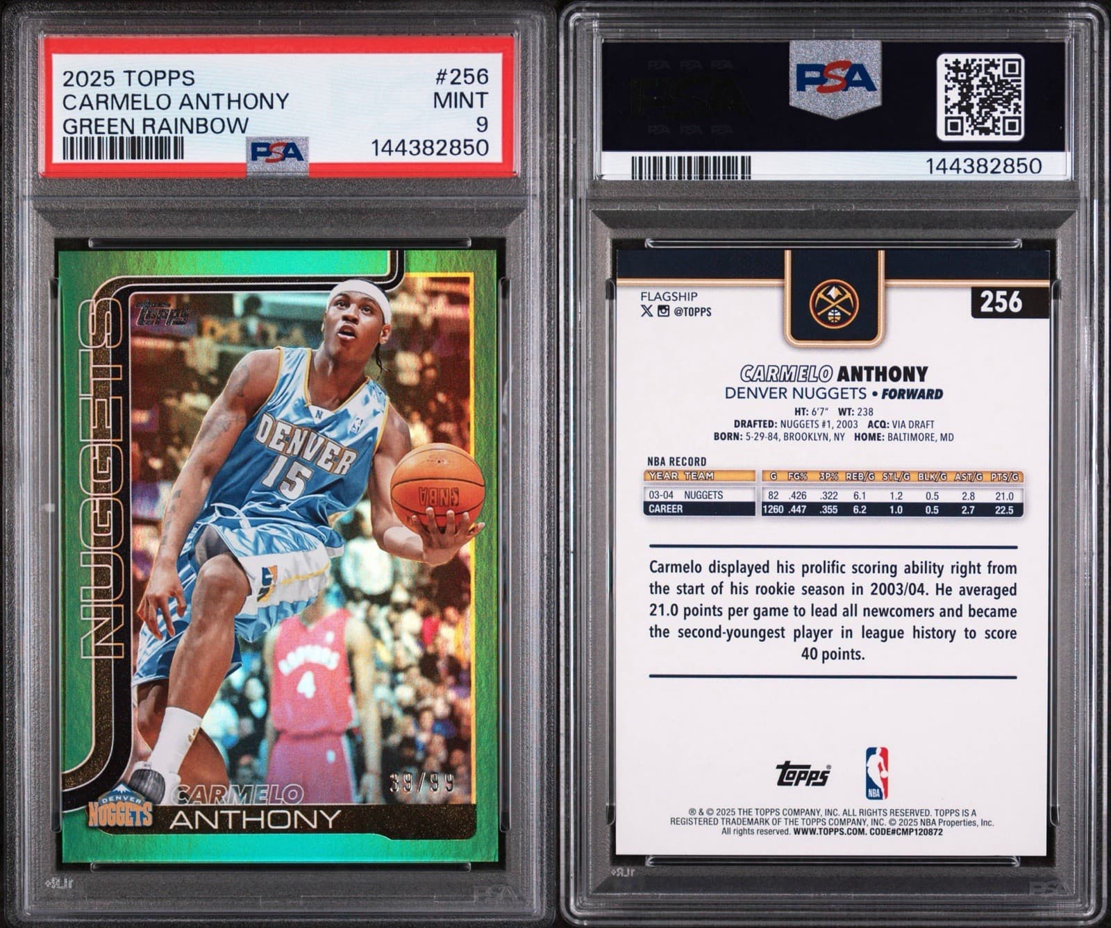 2025-26 TOPPS CARMELO ANTHONY #256 GREEN RAINBOW /99. PSA 9 MINT