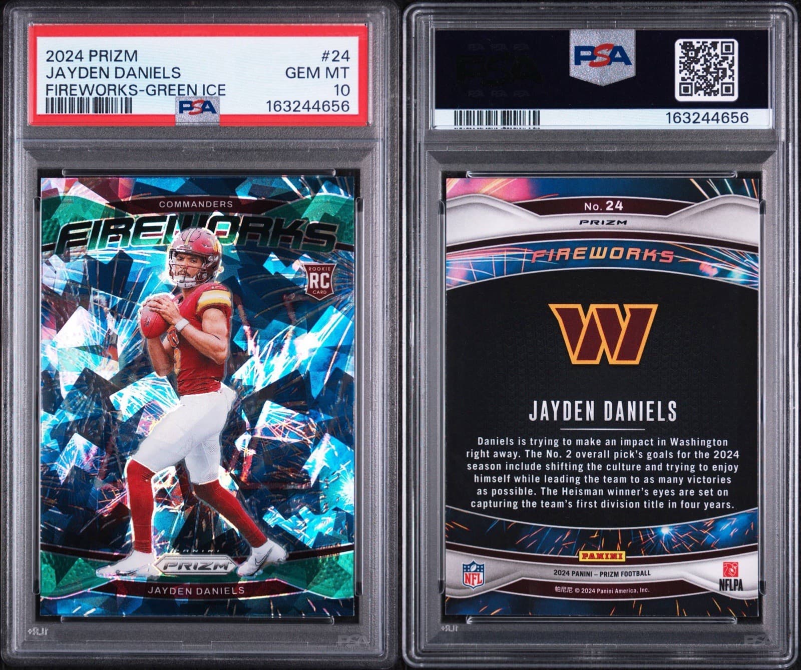 2024 Panini Prizm Jayden Daniels (RC) #24 Fireworks - Green Ice Prizm. PSA 10
