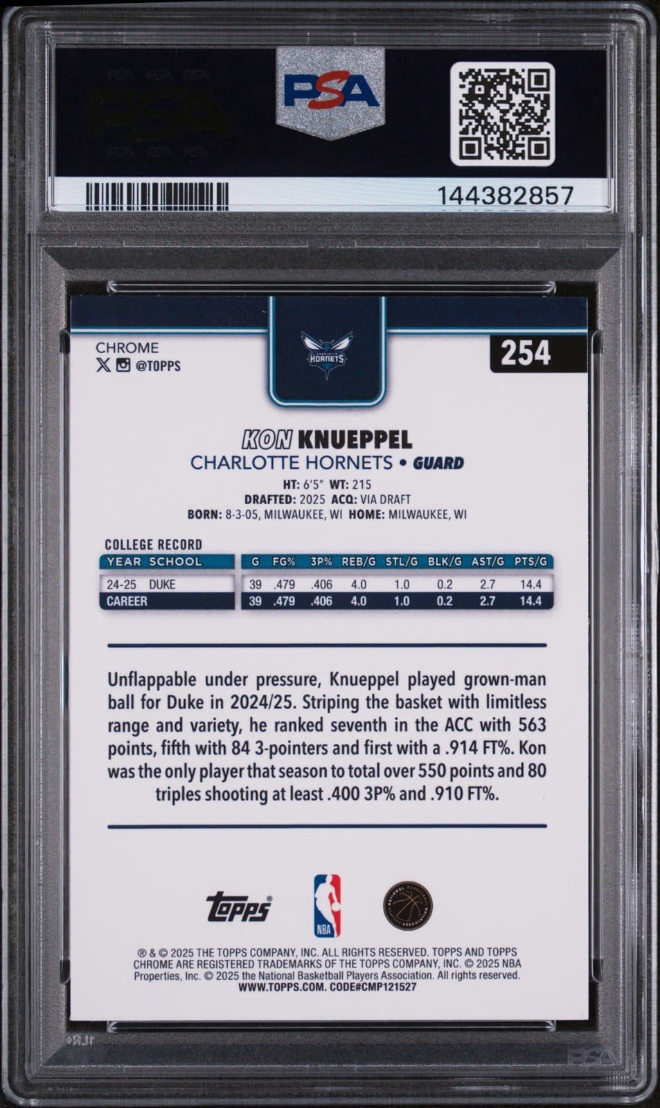 2025-26 Topps Chrome - Kon Knueppel #254 Red White & Blue Refractor (RC). PSA 9