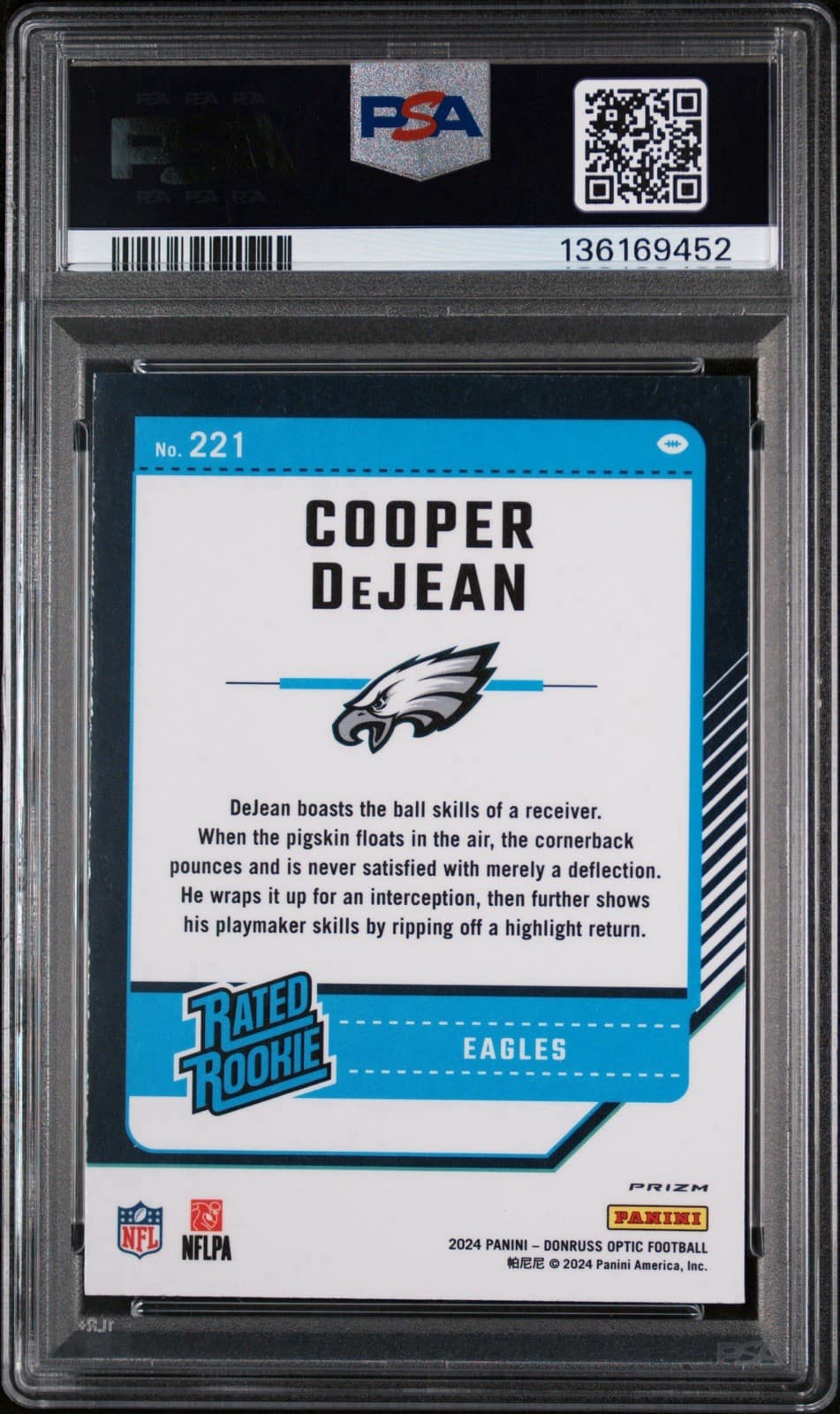 2024 Panini Donruss Optic - Rated Rookie Cooper DeJean #221 Purple Shock. PSA 10