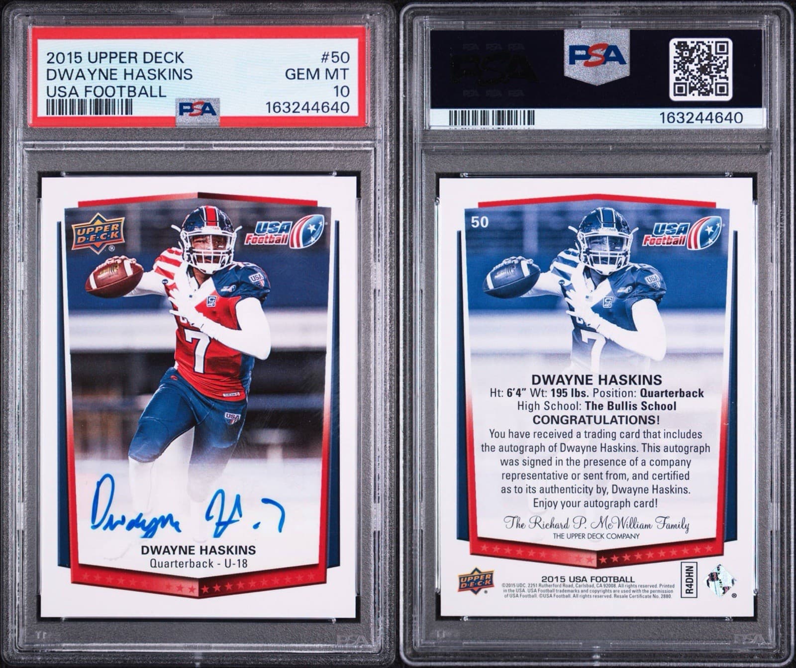 2015 Upper Deck USA Football - U-18 Dwayne Haskins #50 Autographs. PSA 10 GEM MT