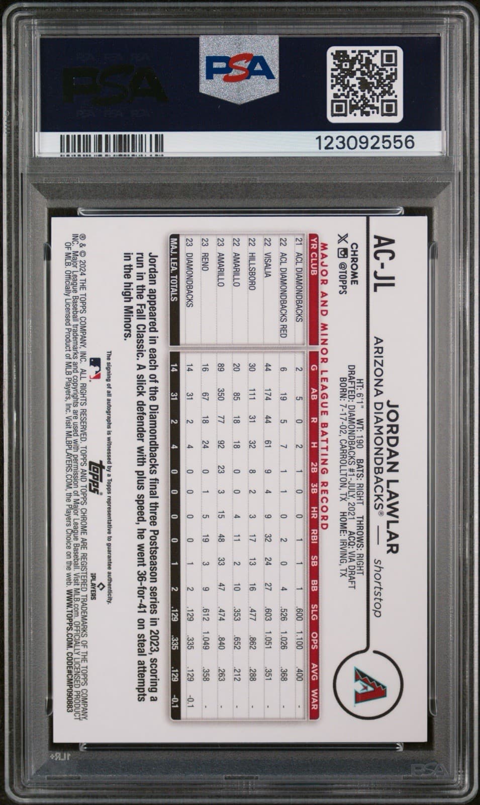 2024 Topps Chrome Update - Autographs Jordan Lawlar Blue Refractor /150. PSA 9