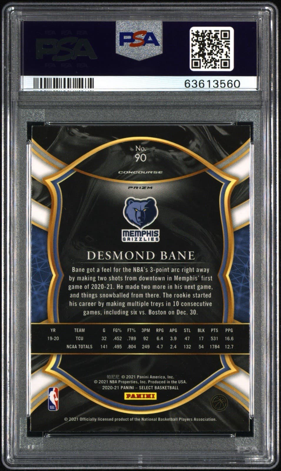 2020-21 Panini Select - Concourse Desmond Bane #90 Silver Prizm (RC). PSA 9 MINT