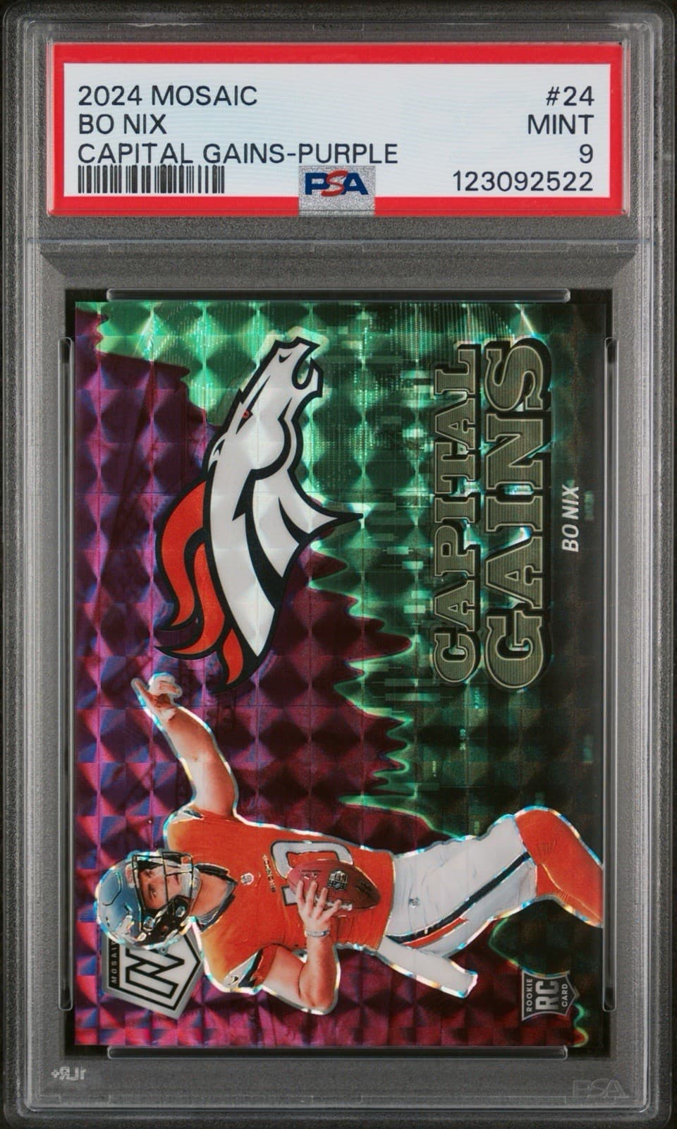 2024 Panini Mosaic - Bo Nix (RC)  #24 Capital Gains - Purple /49. PSA 9 Mint