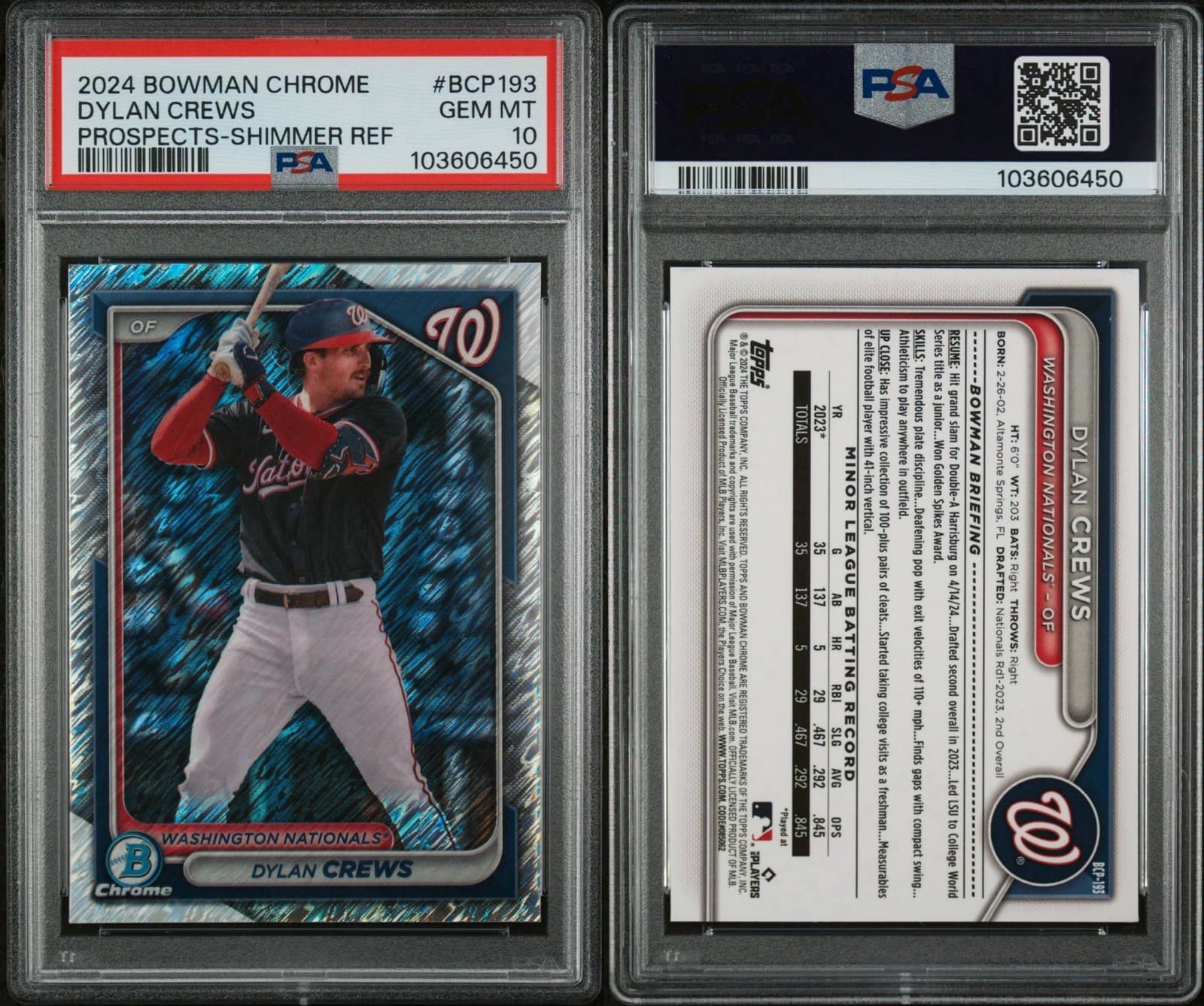 2024 Bowman Chrome Dylan Crews - Prospects Shimmer Refractor. PSA 10. Pop 7!