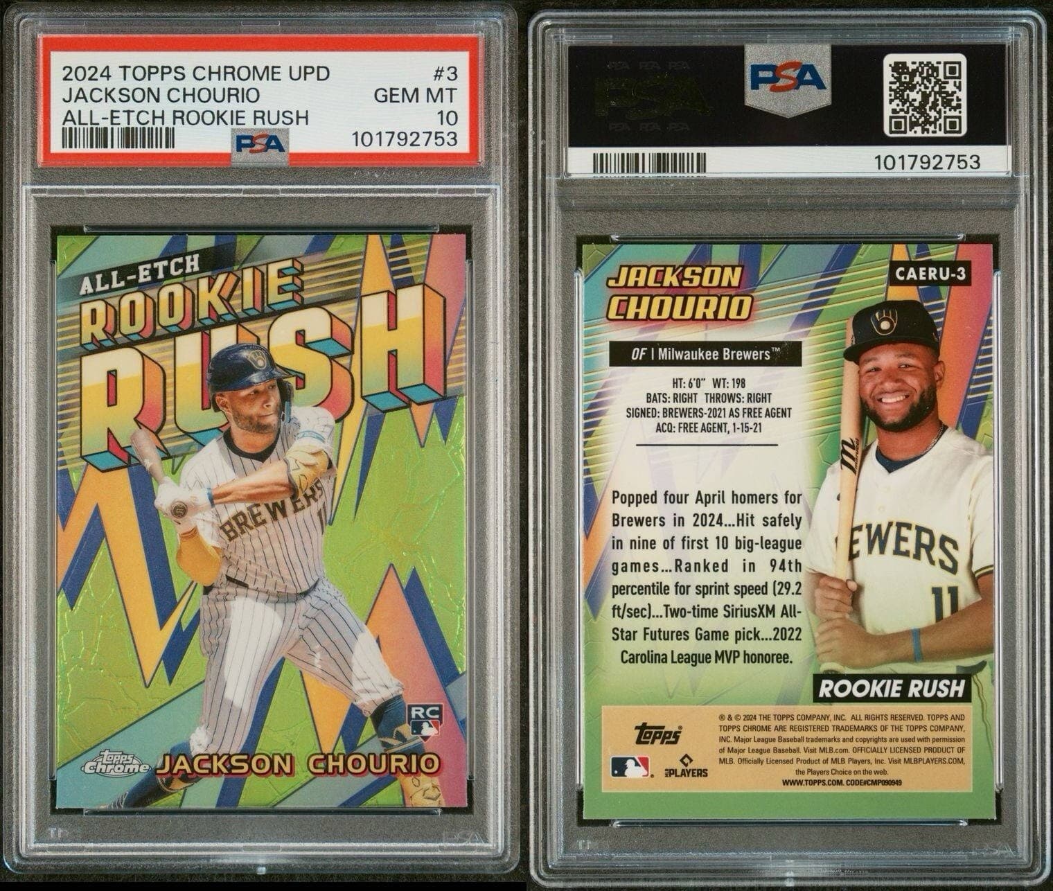 2024 Topps Chrome Update. All-Etch Rookie Rush. Jackson Chourio. PSA 10. Pop 38!