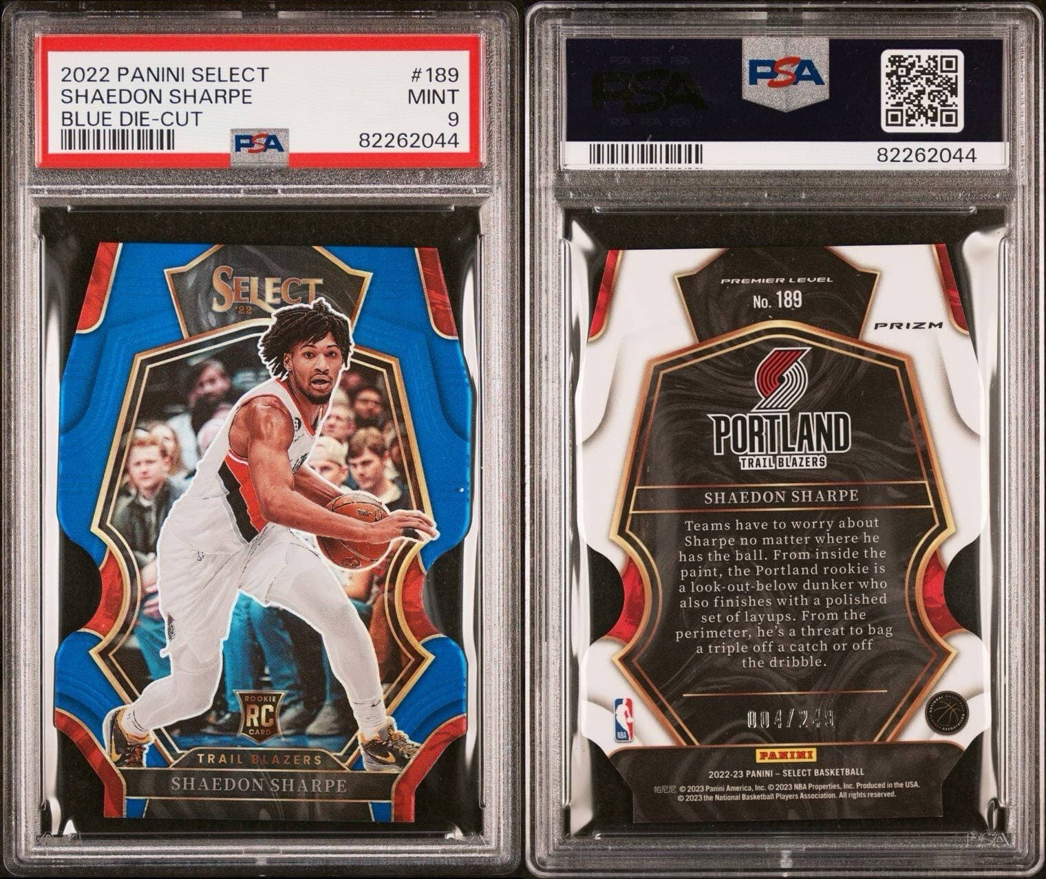 2022 Panini Select Shaedon Sharpe Blue Die-Cut /249. PSA 9. Pop 9