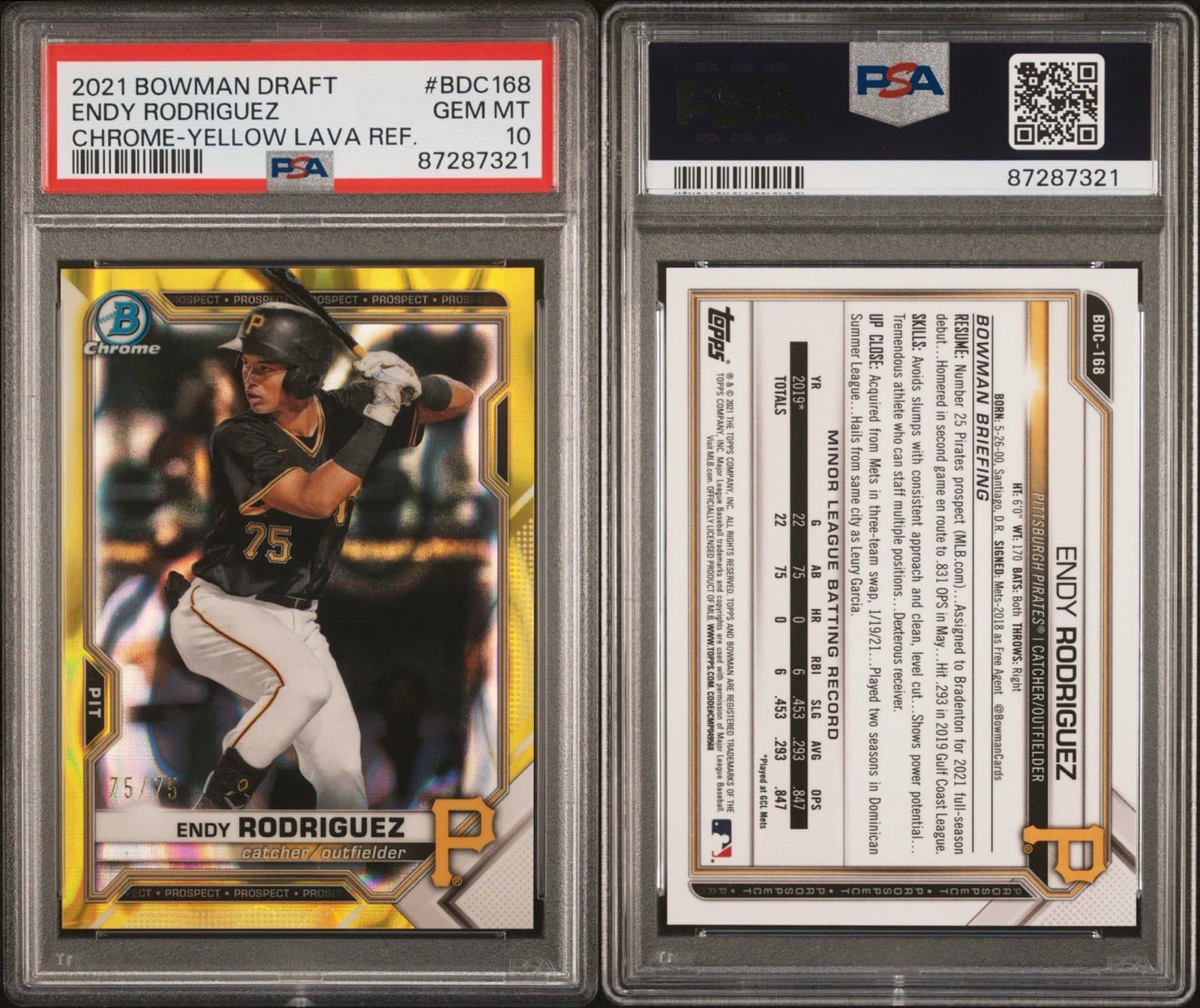 2021 Bowman Draft - Endy Rodriguez - Chrome Yellow Lava 75/75 (Jersey #). PSA 10