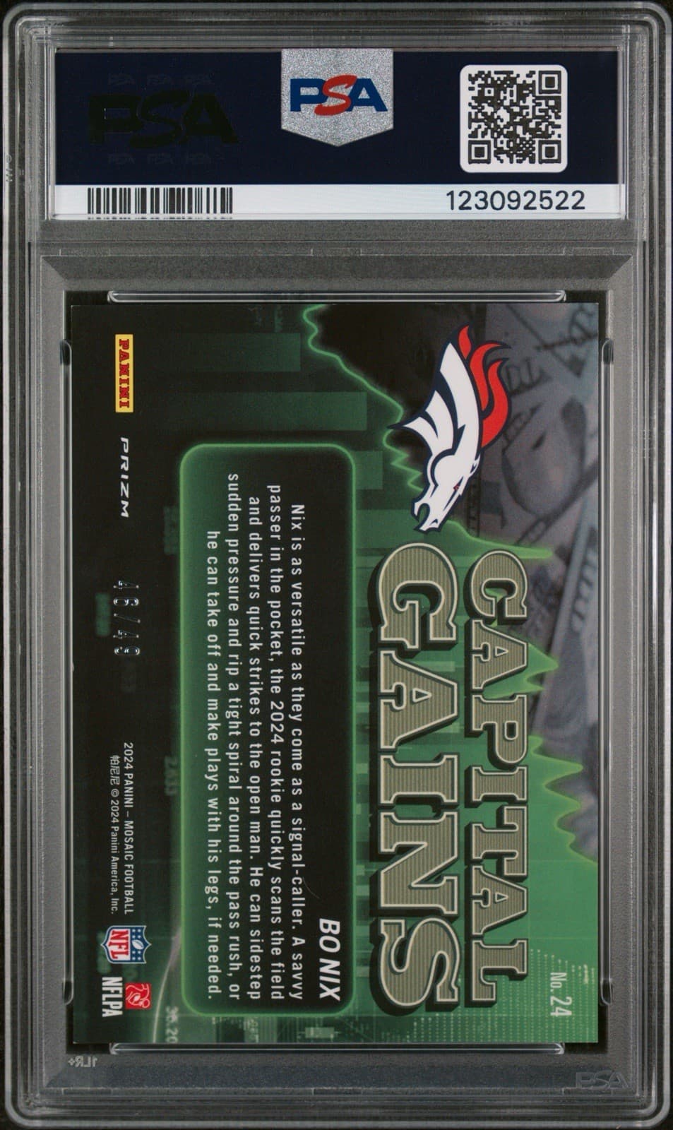 2024 Panini Mosaic - Bo Nix (RC)  #24 Capital Gains - Purple /49. PSA 9 Mint