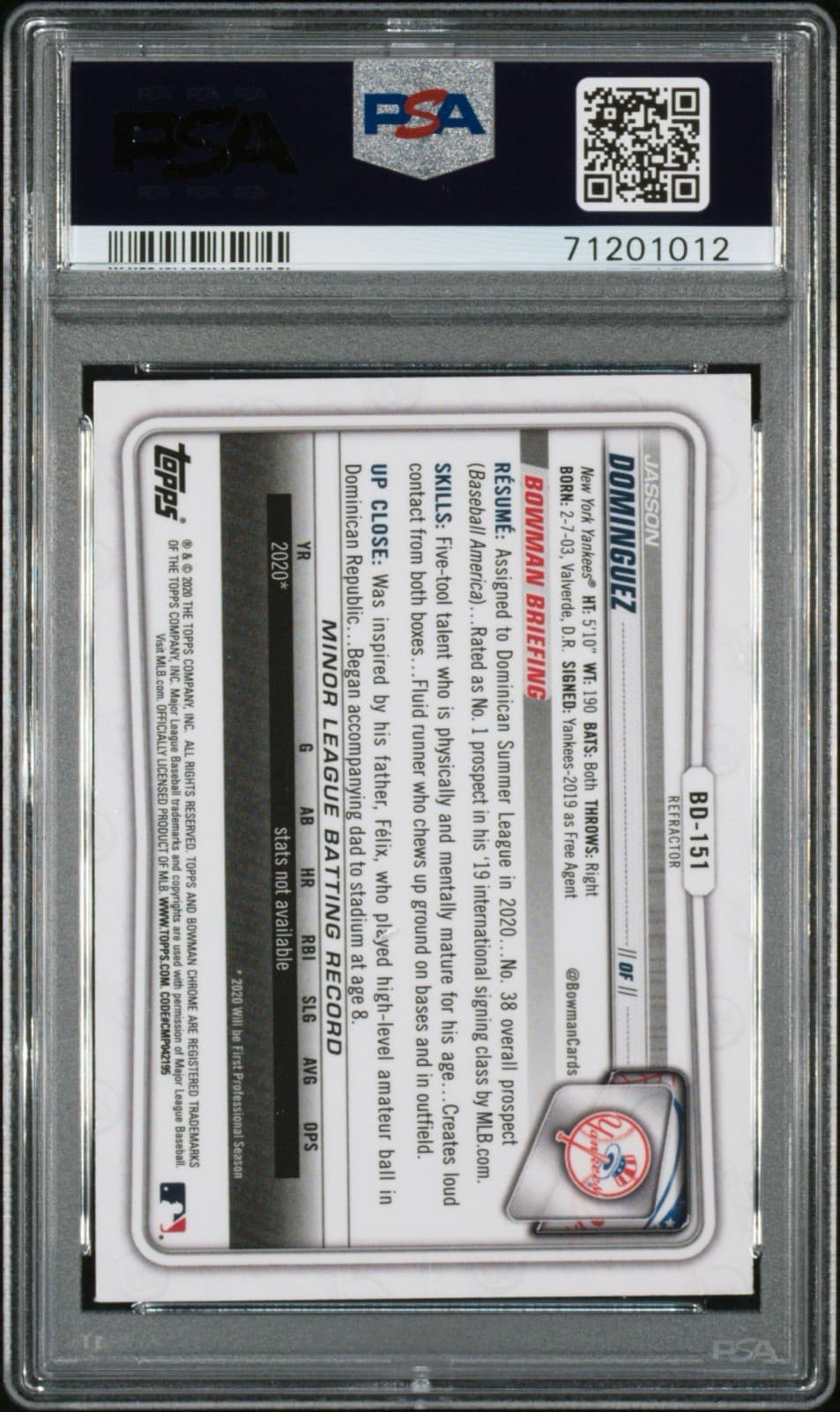 2020 Bowman Draft - Chrome Jasson Dominguez #BD-151 Refractor (RC). PSA 9 Mint.