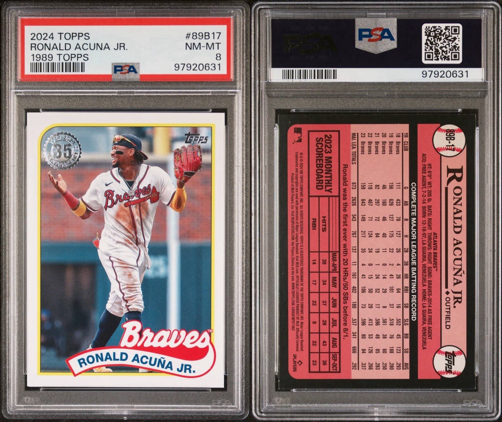 2024 Topps -1989 Topps Baseball 35th Anniversary Ronald Acuña Jr. 89B-17. PSA 8