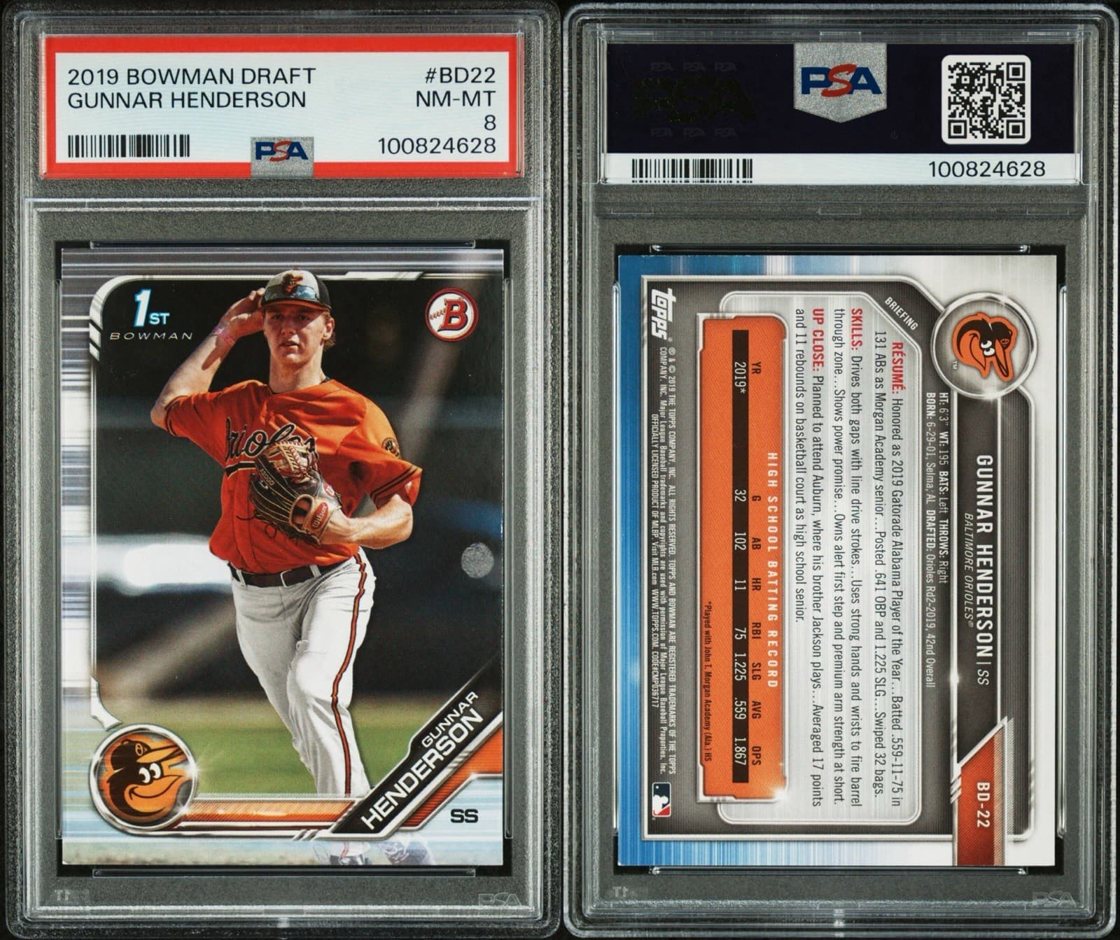 2019 Bowman Draft - Gunnar Henderson #BD-22 (RC). 1st Bowman. PSA 8 NM-MT