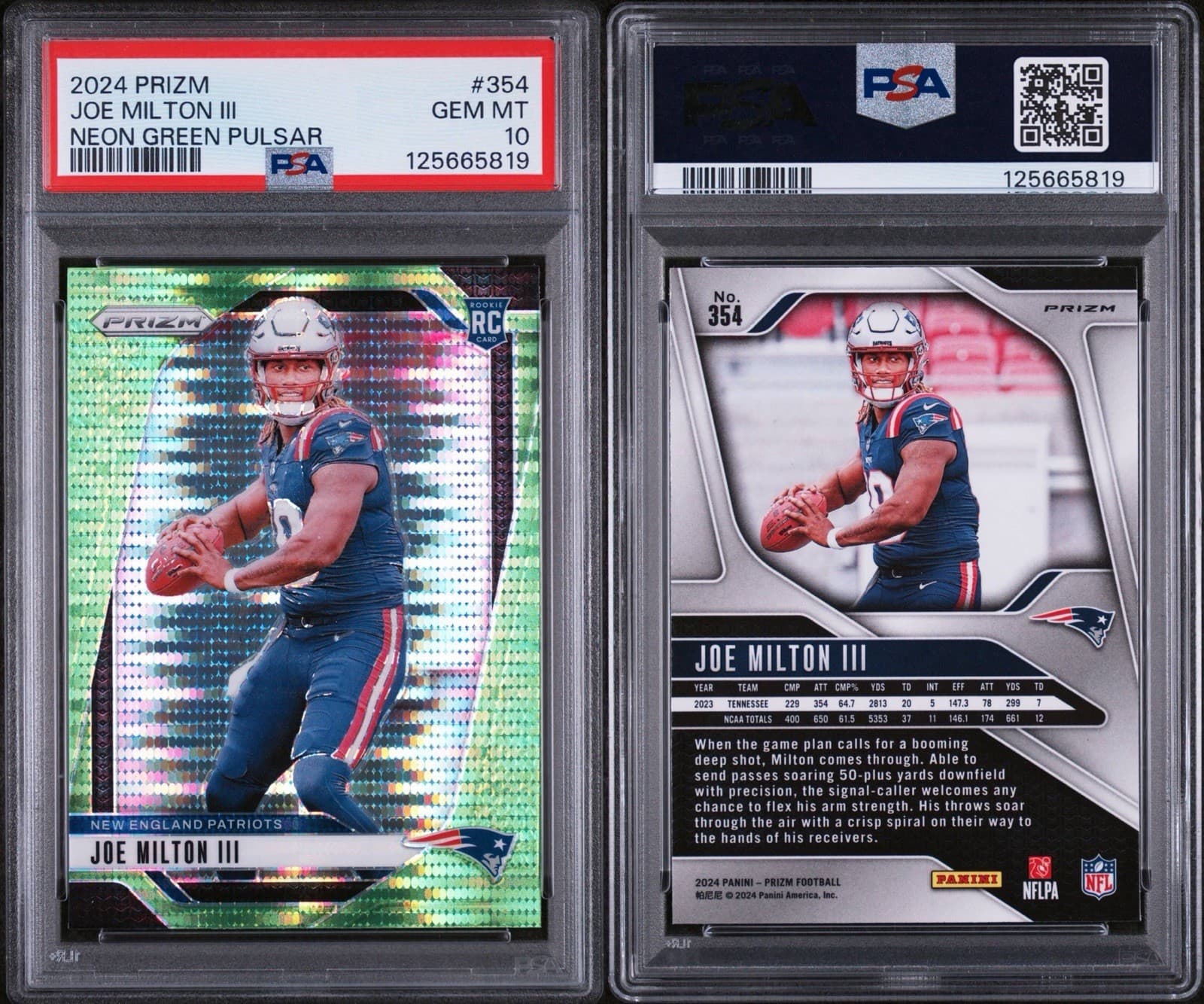 2024 Panini Prizm - Joe Milton III Neon Green Pulsar Prizm (RC). PSA 10 GEM MT