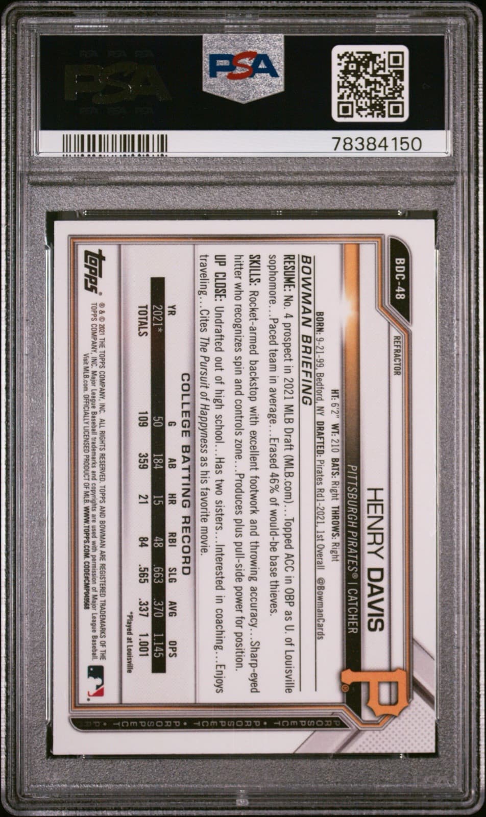 2021 Bowman Draft - Chrome Refractor #BDC-48 Henry Davis (RC). PSA 9
