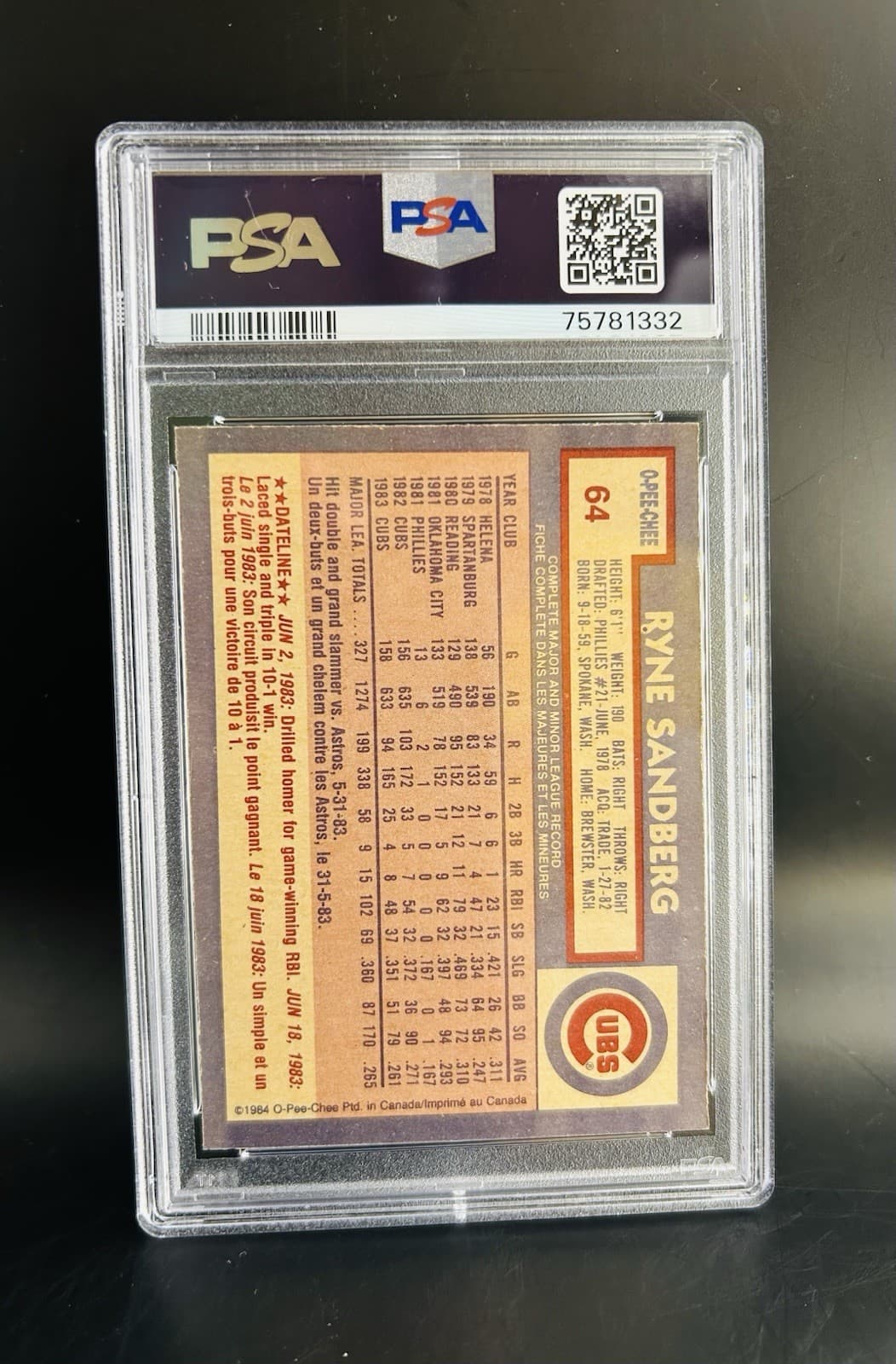 1984 O-Pee-Chee - Ryne Sandberg #64. PSA 7 NM.