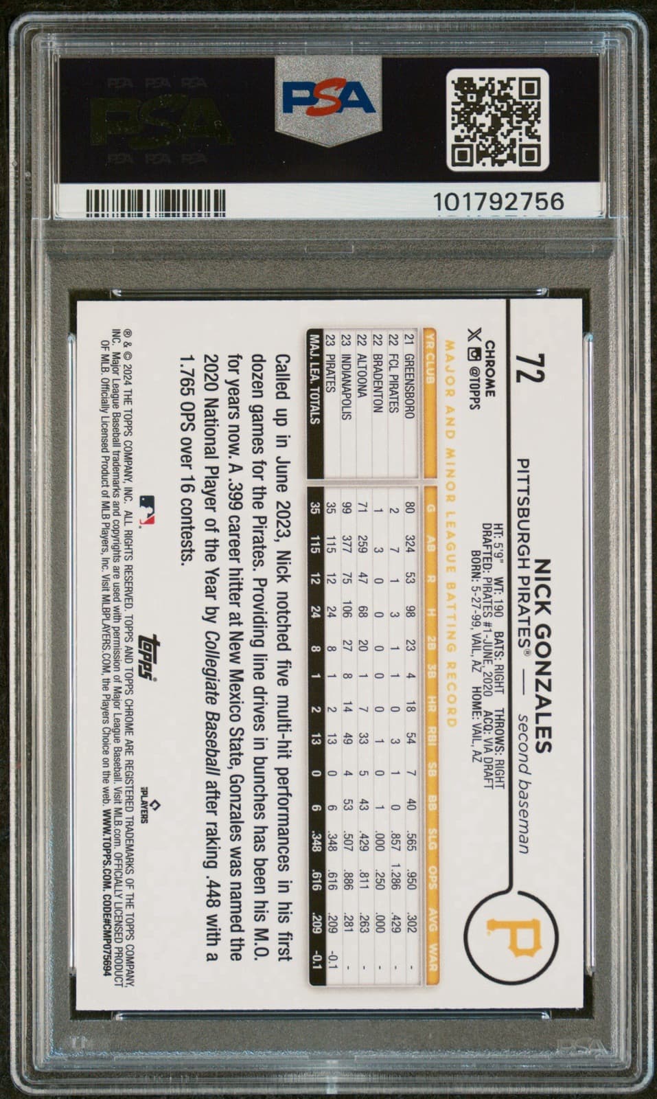 2024 Topps Chrome - Pink Refractor #72 Nick Gonzales (RC). PSA 9