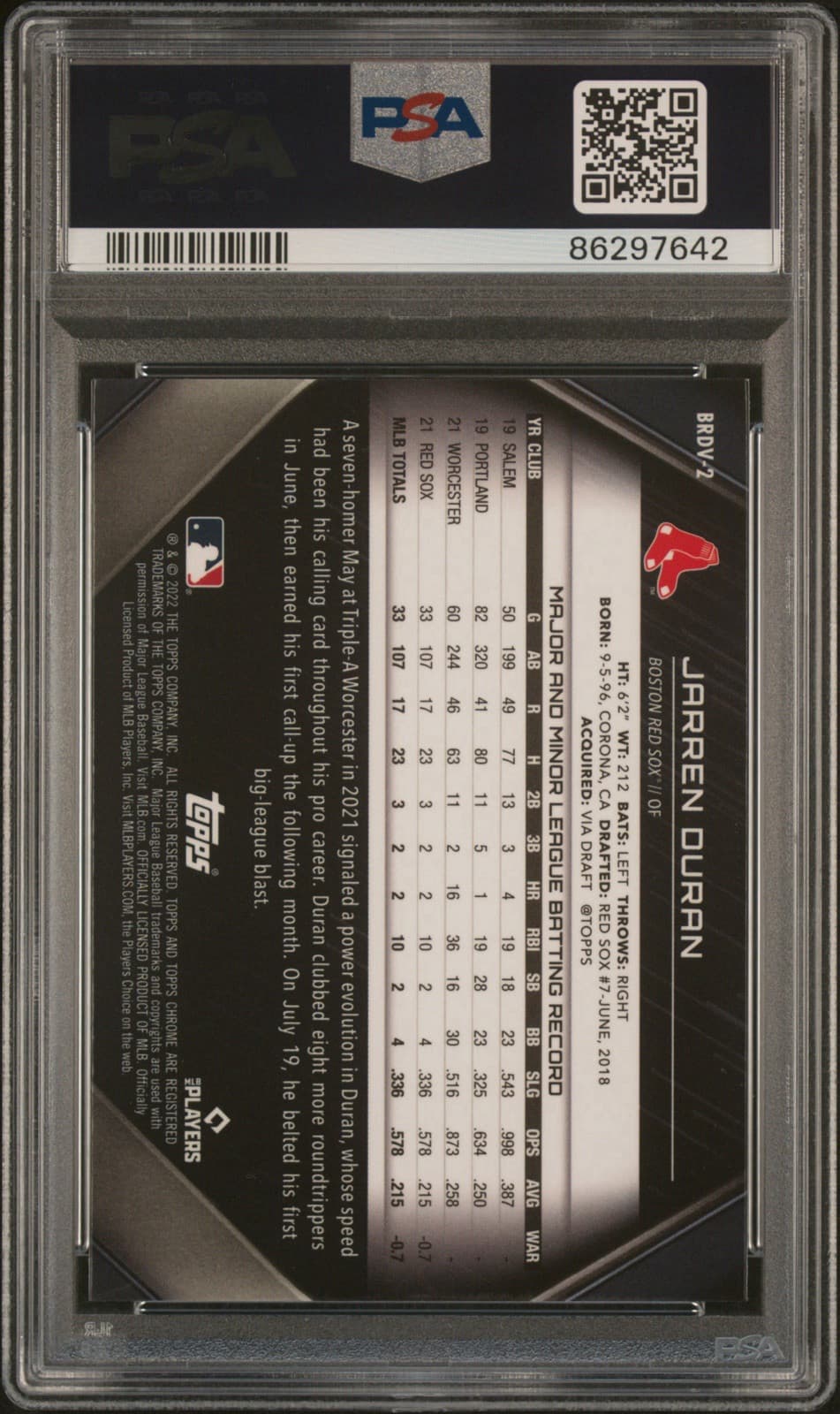2022 Topps Chrome Black Jarren Duran Rookie Design Variation #2. PSA 10. Pop 7!