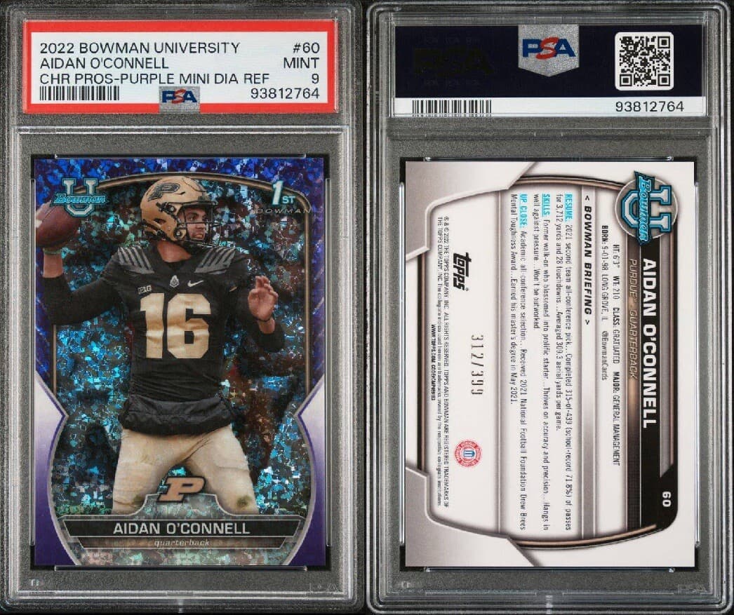 2022 Bowman Univ Chrome- Purple Mini-Diamond Ref #60 Aidan O'Connell /399. PSA 9