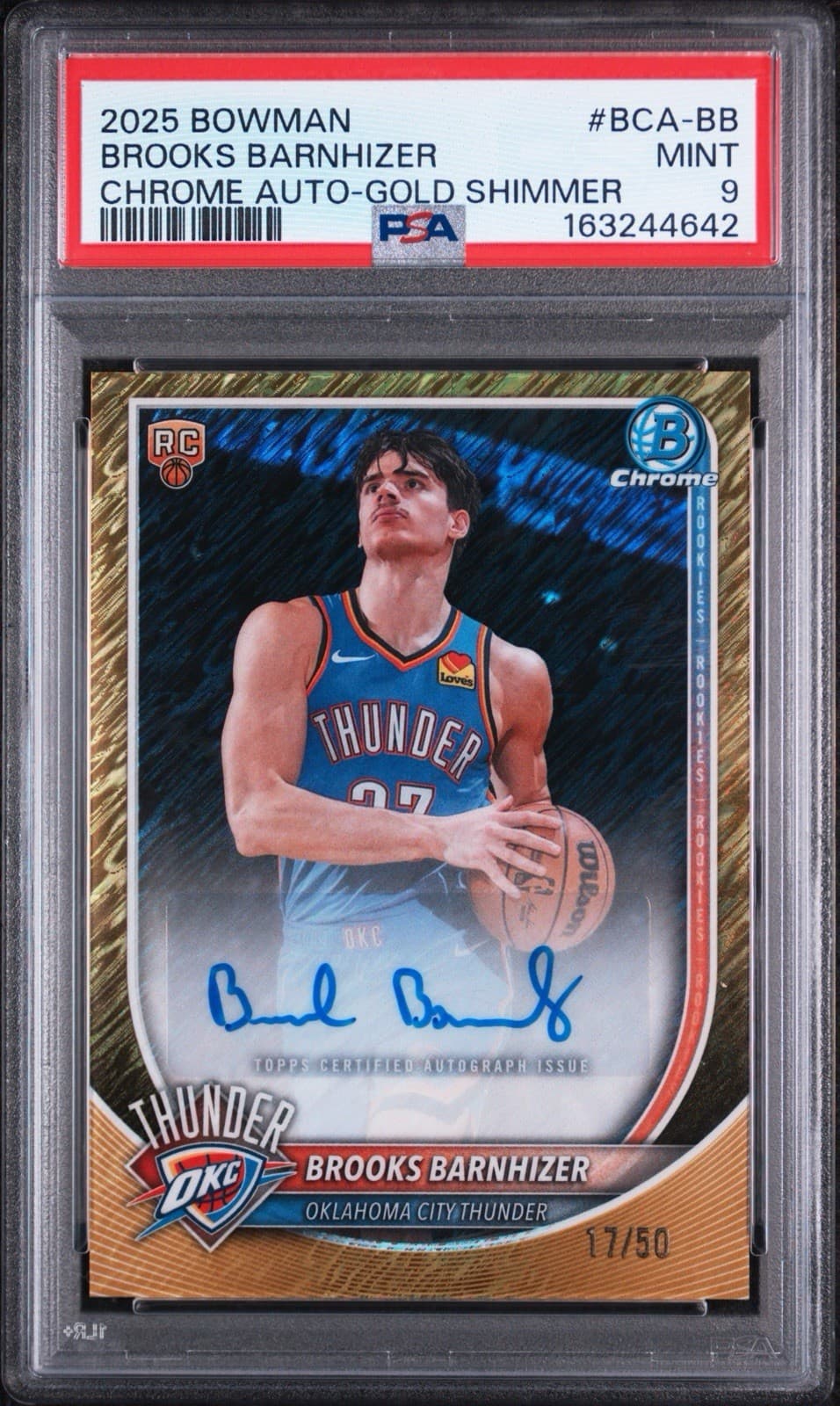 2025 BOWMAN CHROME AUTOGRAPHS - BROOKS BARNHIZER AUTO - GOLD SHIMMER /50. PSA 9